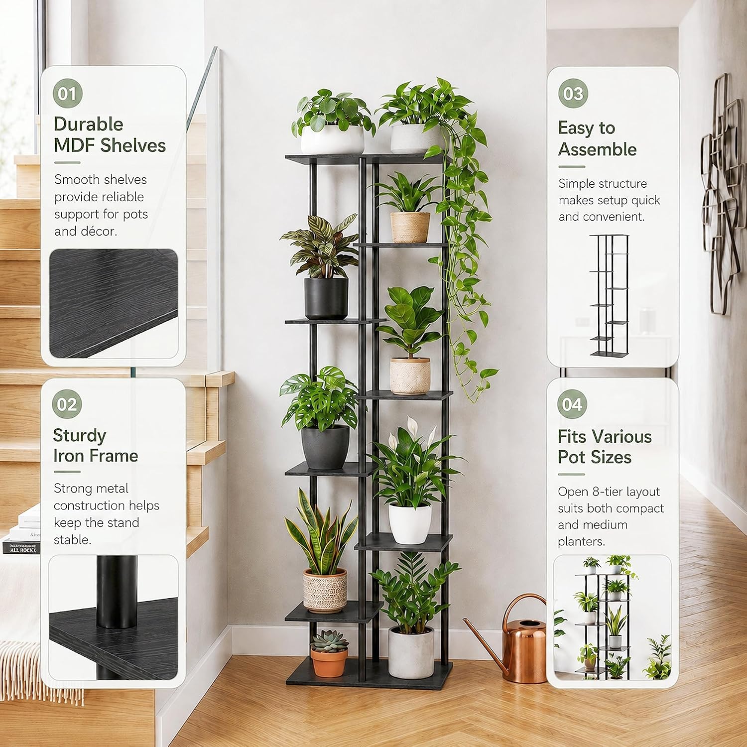 Corner Tall Plant Stand Indoor 8 Tier 10 Potted, Black image 4