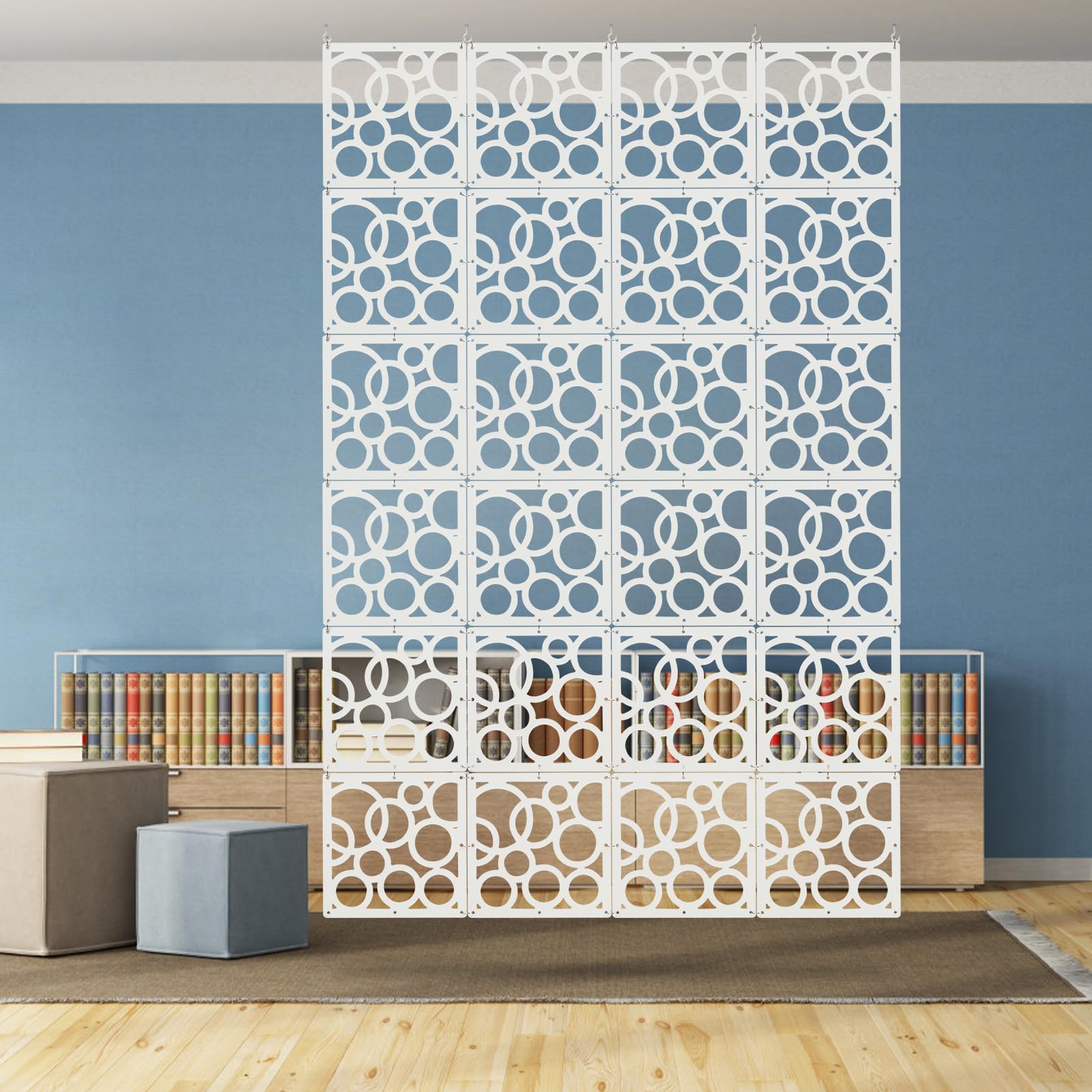 24PCS DIY Hängender Raumteiler Weiß, 29x29 cm (Modell C-Kreise) | PVC Hängesieb Raumteiler Paneele, Privatsphäre Raumteilerbildschirm für Zuhause, Hotel Dekoration