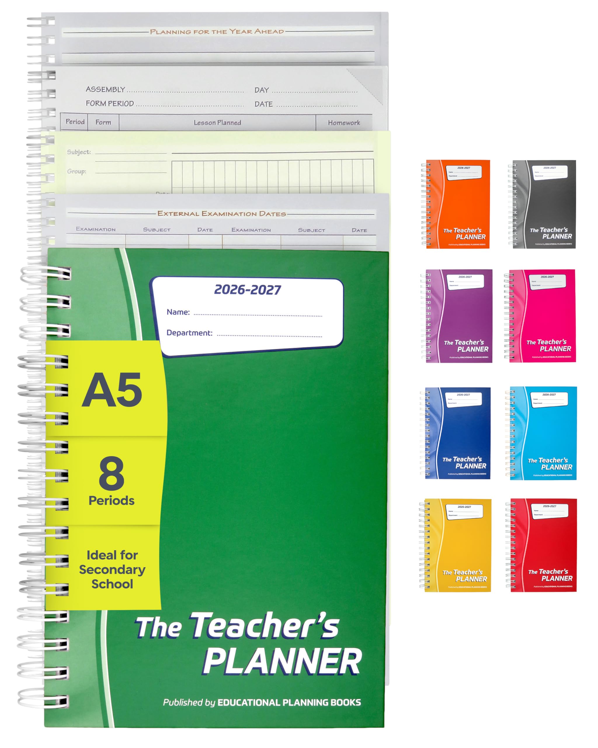 Educational Planning Books - The Teachers Planner 2026-2027 for Secondary School – A5 – Eight Period Day – Page-a-Day & Undated, with Dedicated Pages for Year Planning, Exams, Marking and more (TP7-G)
