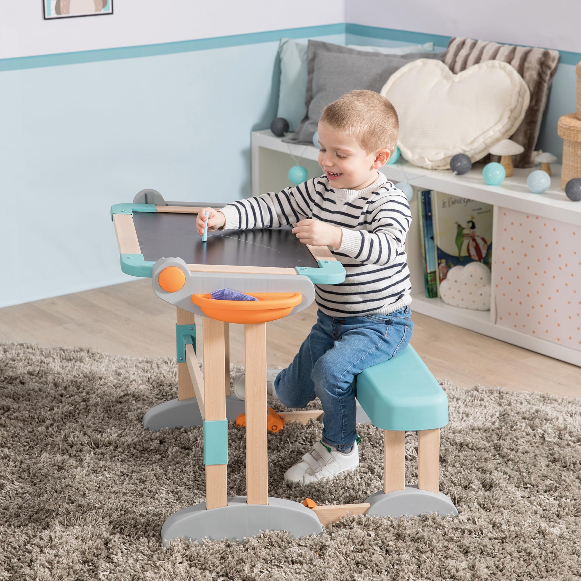 Smoby - Modulo Space Desk - Trasformabile in Lavagna bifacciale - Legno e plastica - Pieghevole e Compatto - 80 Accessori Inclusi - dai 3 Anni