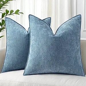 decorUhome Couch Throw Pillow Covers 22x22 Set of 2, Decorative Soft Euro Neutral Chenille Pillow Covers with Elegant Design for Sofa Bed Living Room Home Decor, Blue