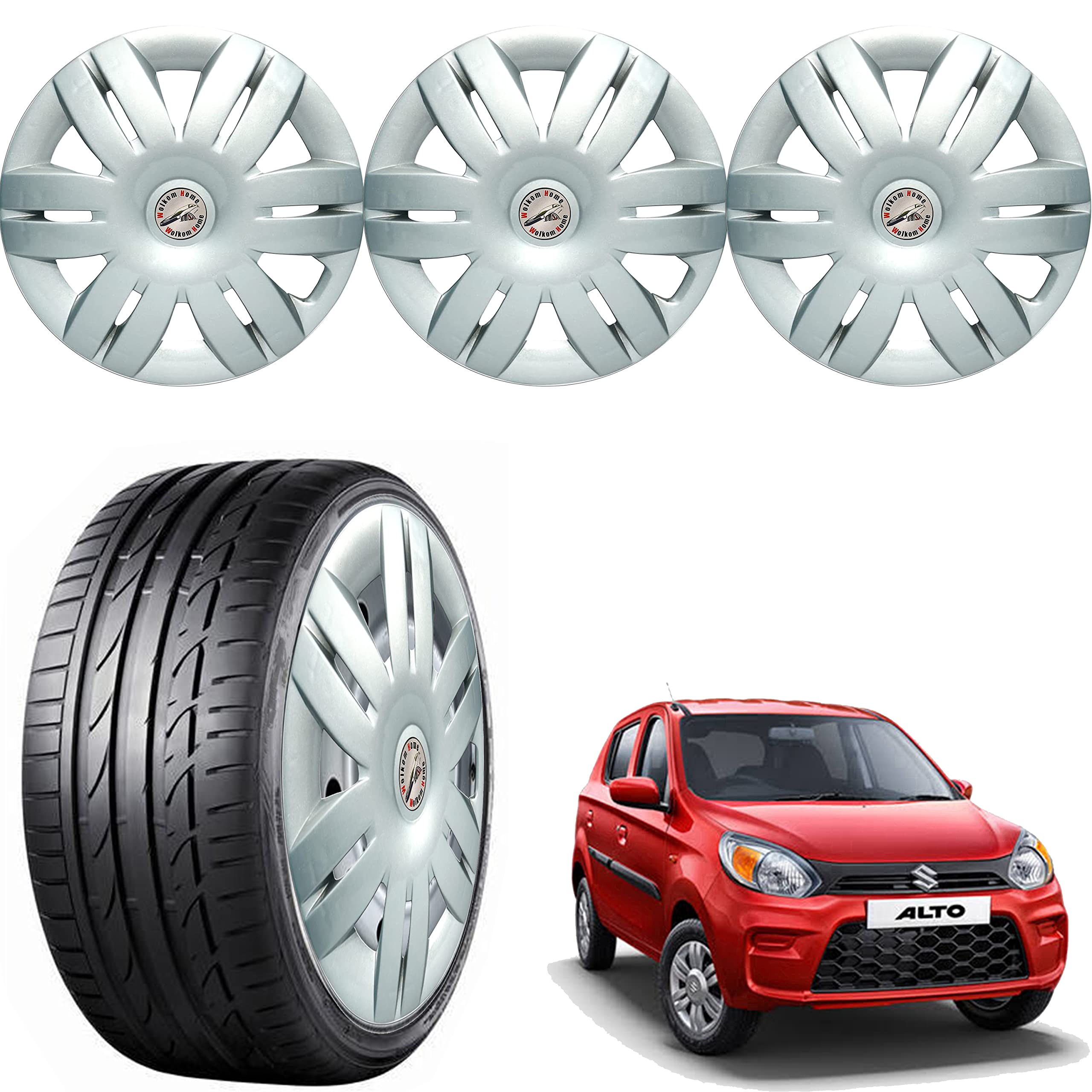 WolkomHome Car Accessories Wheel Cap, Hub Cap 12Inch Wheel Cover AL800 OE Design Full Silver 12 Inch for Maruti Suzuki Alto 800 2019 / Comes in Set of 4 pc Wheel Cap,Nylon Zip Tie, 4 pc Metal Ring