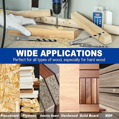 Miniatura 5 de SALI Brad Point - Juego de 20 brocas de acero al carbono de 14 pulgadas con vástago hexagonal de 14 pulgadas para madera dura, madera contrachapada,