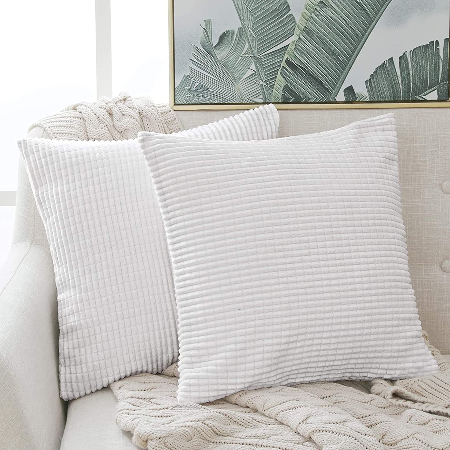 ELECDON Throw Pillow Cover in Bright White, Corduroy Square Cushion Cover with Stripes for Bedroom Sofa Living Room of 2 Super Soft Velvet Decorative Throw Pillow Covers with Texture, 18x18 Inch