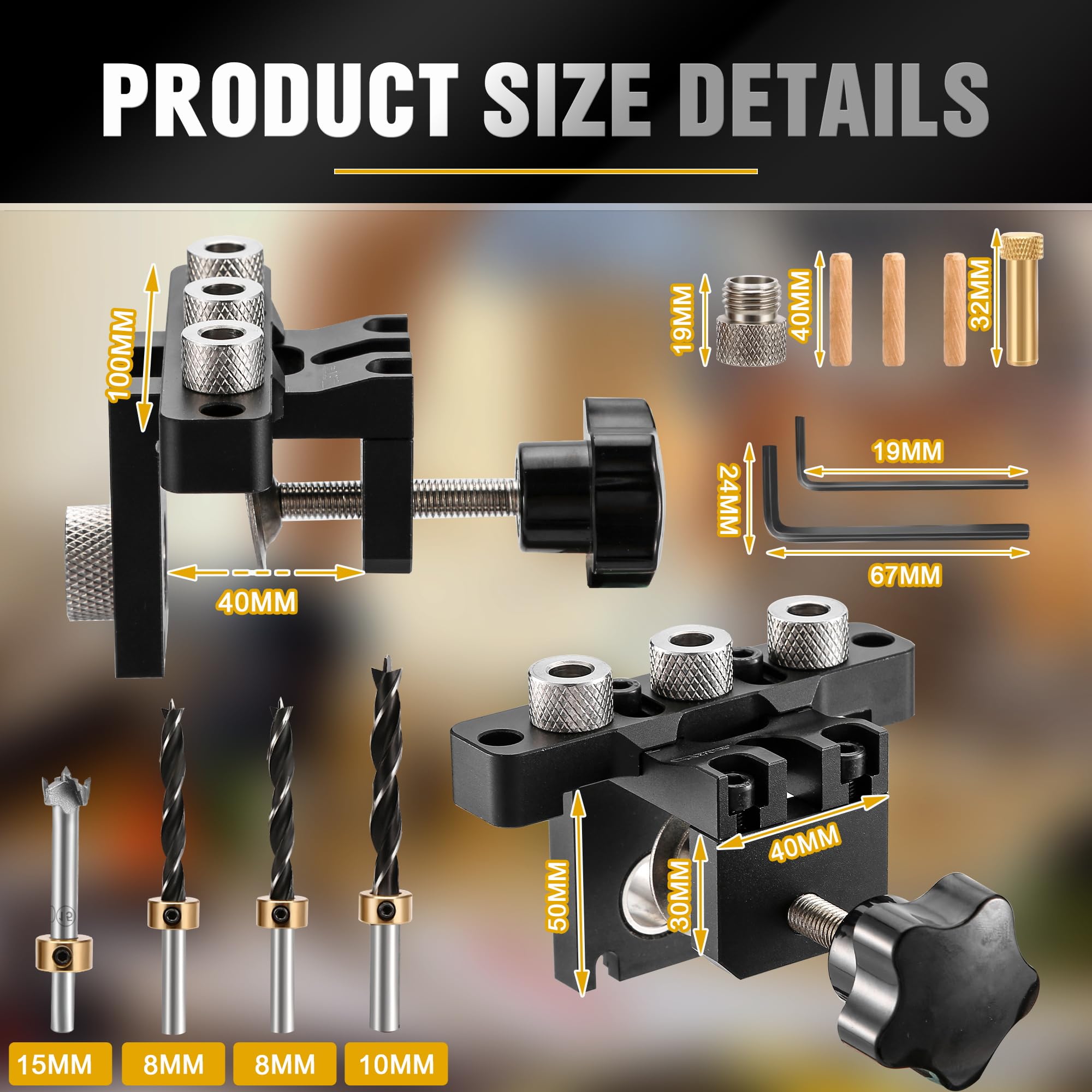 3 in 1 Dima per Tasselli Legno, Set Maschere Per Fori Tascabili con 8/10 / 15mm Drill Bit Per Spinatura Legno Guida di Foratura per Angolo Posizionatore Localizzatore