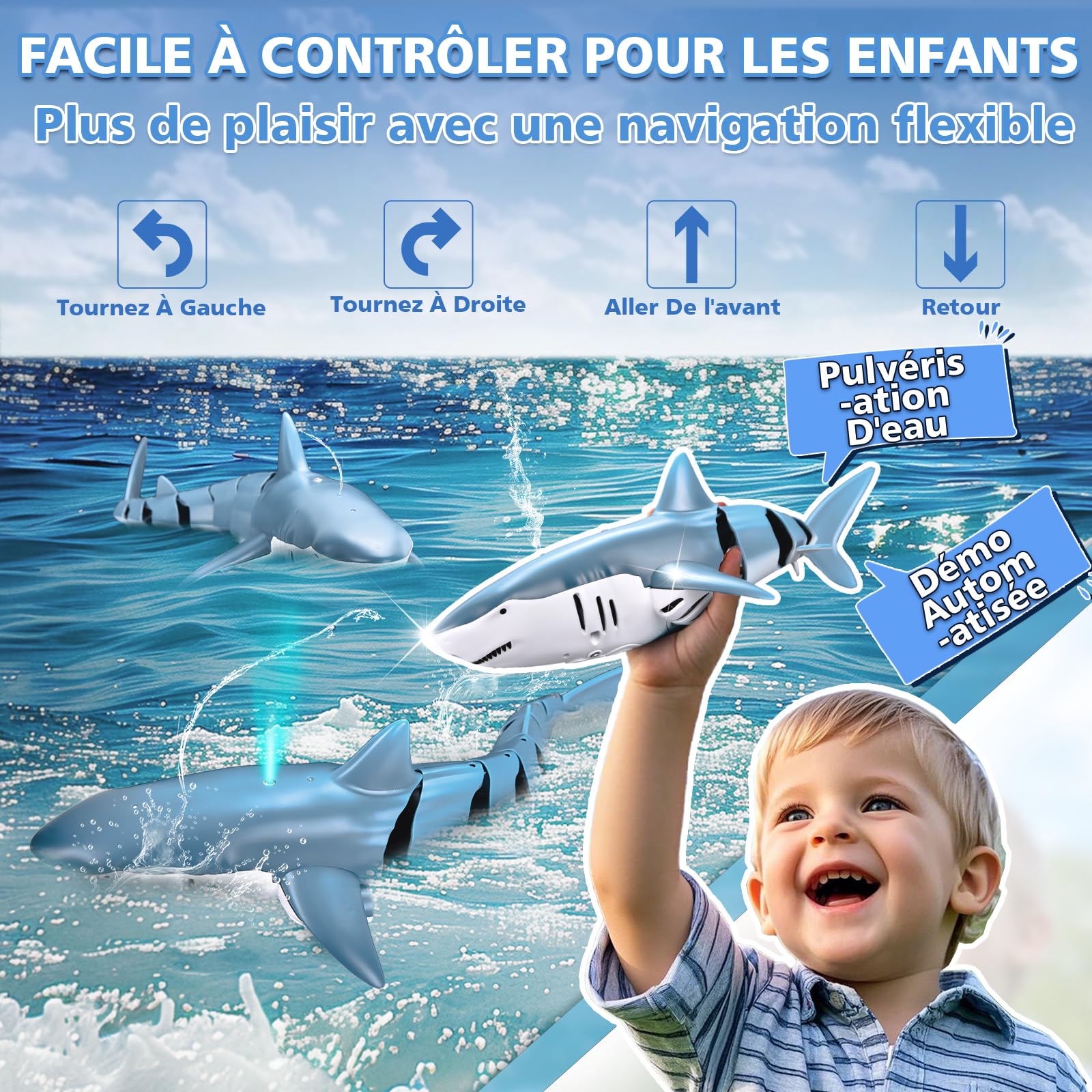 YOOHBERRYS Requin Telecommandé, 2.4 GHz Jouet Requin Télécommandé, Bateau Requin RC avec Lumières et Jets d'eau, Jouet Piscine Cadeau pour 6+ Ans Garçon Fille (Bleu)