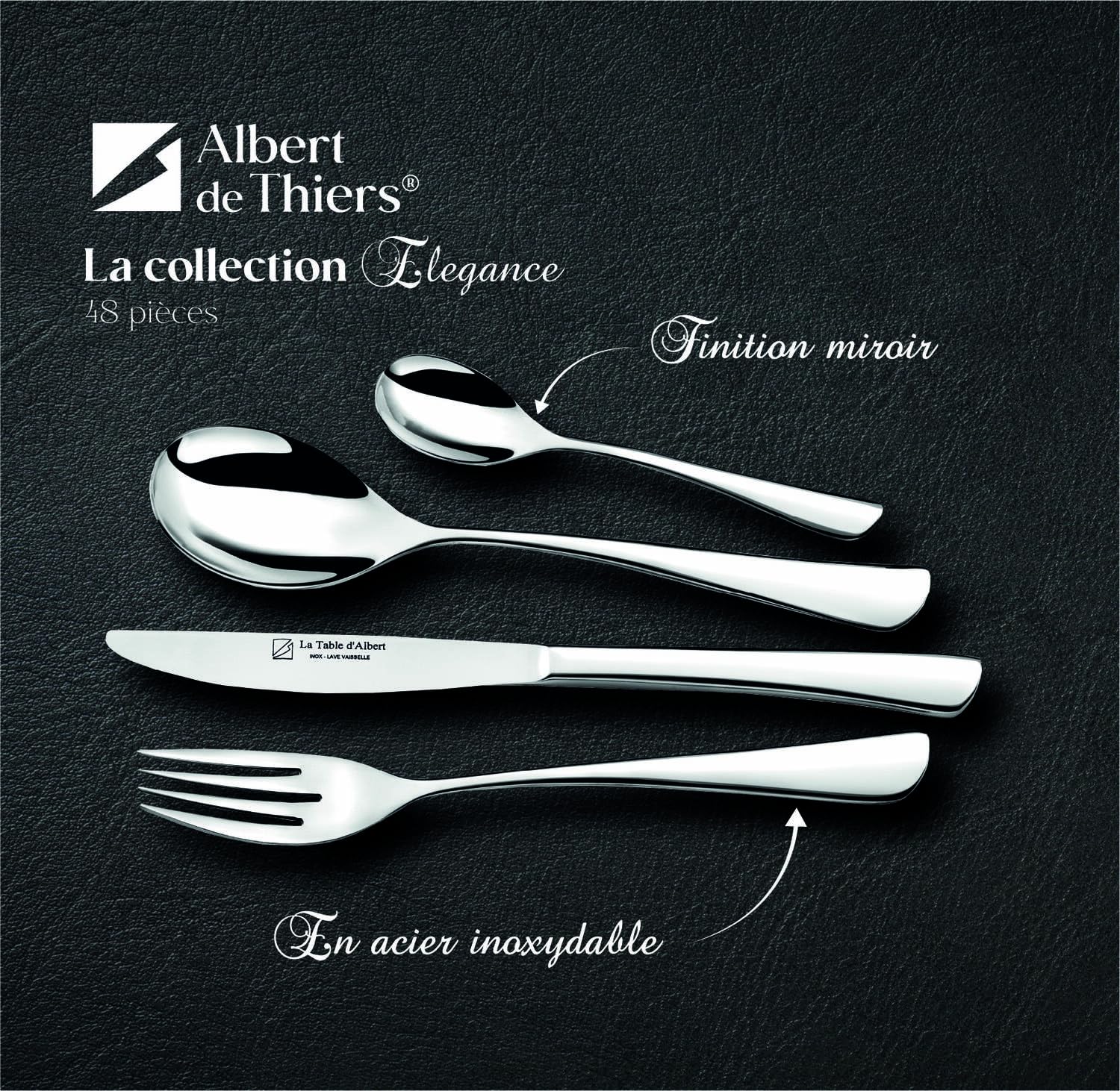 ALBERT DE THIERS - A0819998 - Ménagère 48 Pièces - Collection Élégance - Service pour 12 Personnes - Acier Inoxydable - Finition Poli Miroir - Coffret Bois - 3,80 kg, Silver