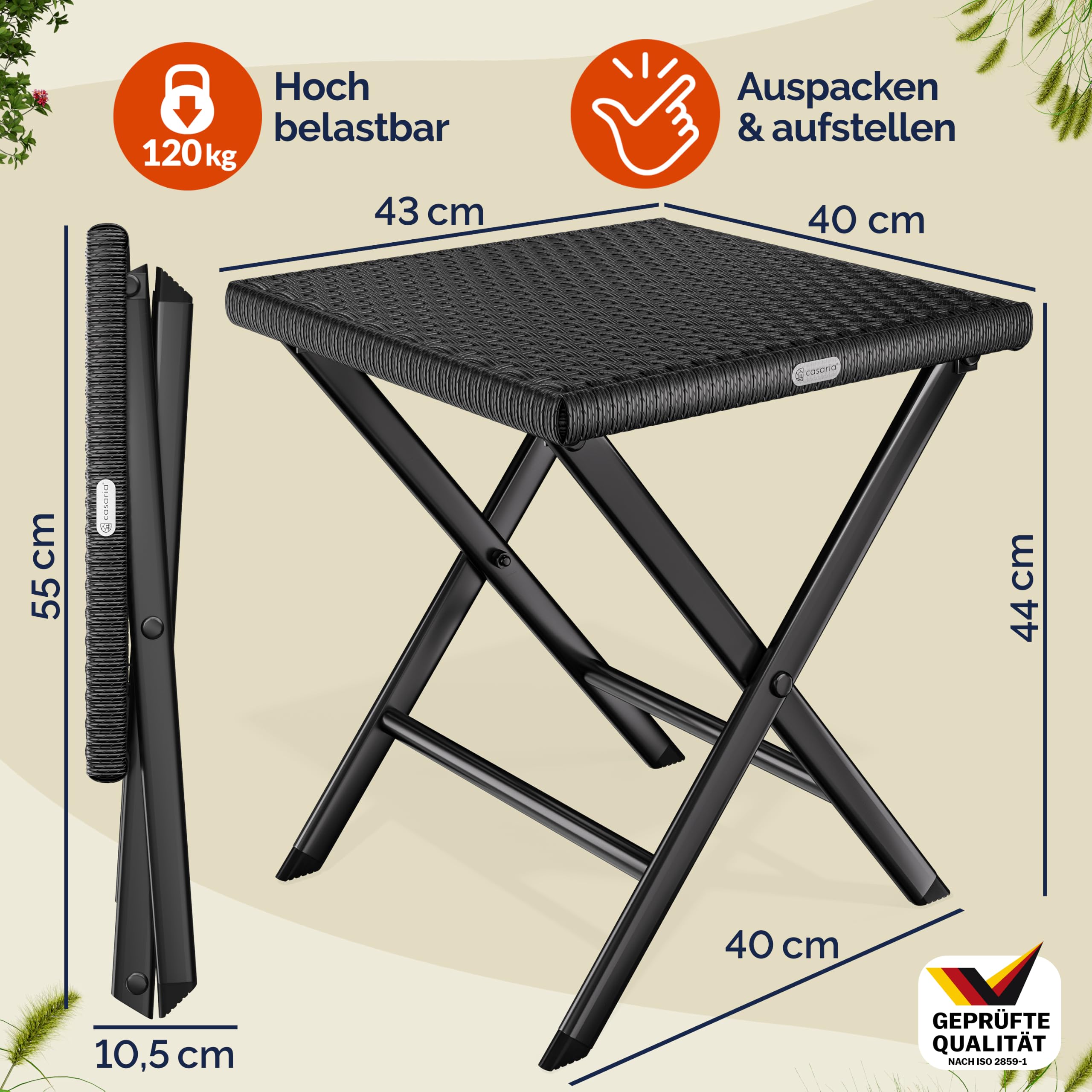 Casaria® Set di 2 Sgabelli Pieghevoli in Polyrattan Max Carico 75 kg 44x40x44cm Giardino Terrazza Balcone Campeggio