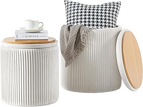 Miniatura 8 de Otomana con almacenamiento juego de 2, otomana redonda de terciopelo, taburete tapizado de esponja, soporte de 300 libras, mesa auxiliar