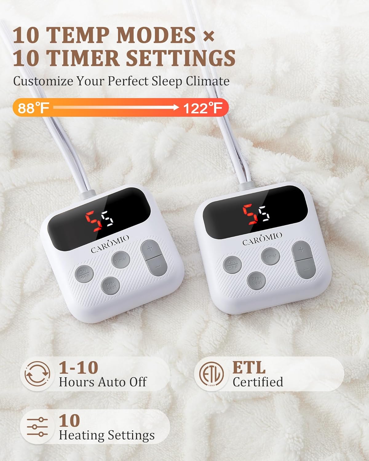 CAROMIO Electric Blanket Queen Size Dual Control - Thick Tufted Sherpa Heated Blanket Queen with 10 Heating Levels and 10 Time Settings, ETL Certified Fast Heating Blanket Queen Size 84×90, White