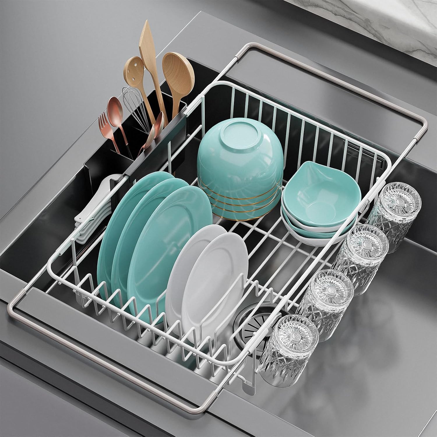 Dish Drying Rack in Sink: Expandable, 3-Slot Utensil Holder, Anti-Slip Handle. Small Dish Rack: Ideal for Small Households. Kitchen Drying Rack: White