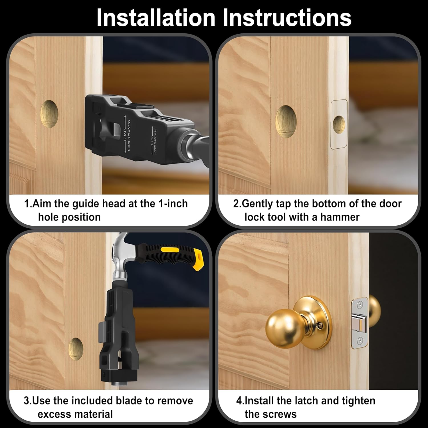 Door Latch Mortise Tool, Precision Scoring and Chiseling, Vertical Calibration Plate, Installation Kit for 1-3/8" or 1-3/4" Wooden Door, Black