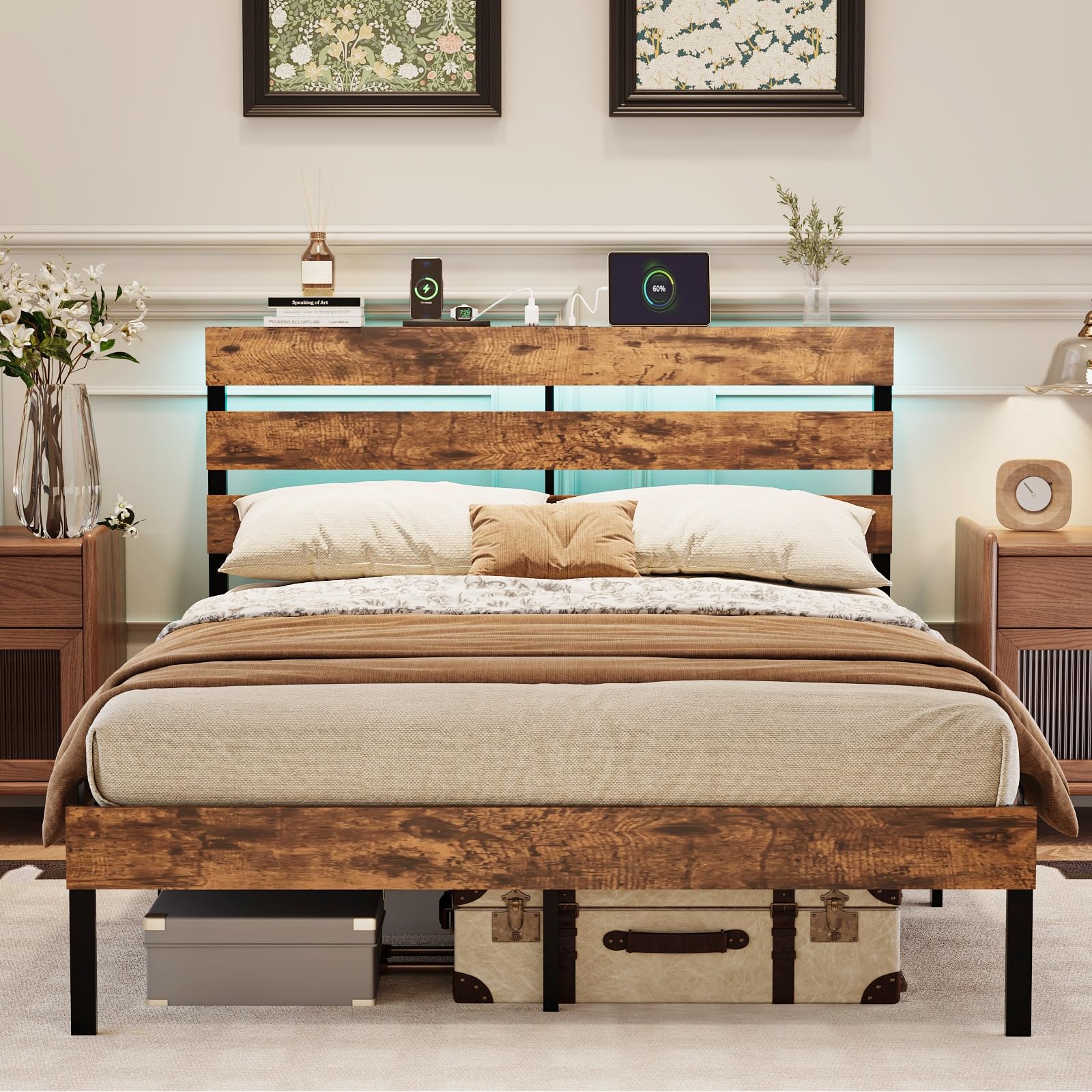 Bonnlo 4ft6 Double Bed Frame with Storage Headboard & LED Lights, 135x190cm, Metal Bed Frame with Charging Station (USB/Type-C/2 Outlets), UnderBed Storage/Enhanced Support Noise Free, Vintage Brown