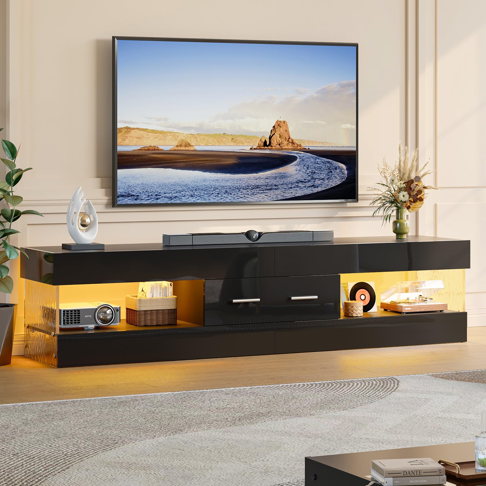 Bestier Mobile TV per TV da 75 pollici,moderno mobile TV laccato lucido,centro di intrattenimento a LED con ampio cassetto,consolle TV per soggiorno e camera da letto(nero)