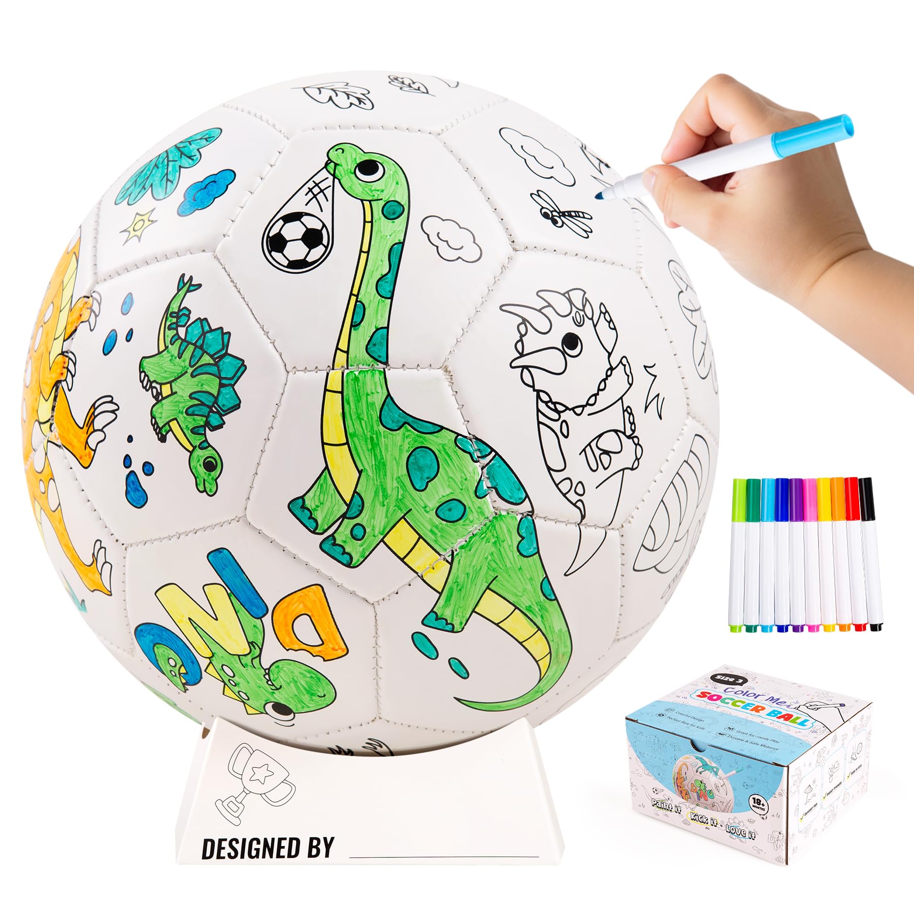 U&C Planet Customizable Size 3 Football Colouring Football for Kids Ages 3-8 with 10 Washable Markers, Ball Stand & Pump, Footballs Gifts for Boys & Girls, Durable Soft PVC for Indoor & Outdoor Play