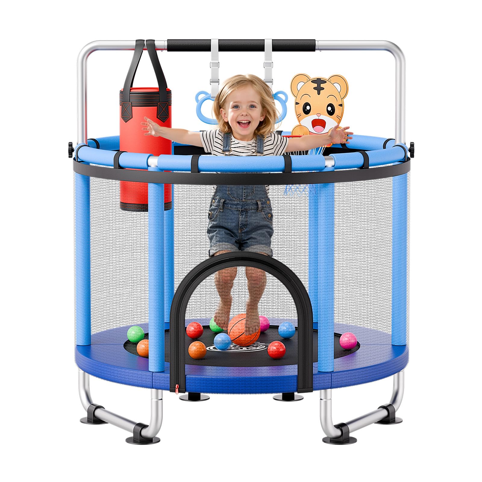 VEVOR Trampolin Mini für Kinder mit Haltestange Sicherheitsnetz Blau, Gartentrampolin 142 cm Outdoor mit Basketballkorb, Basketball und Sandsack für Kinder, Weihnachts- oder Geburtstagsgeschenk