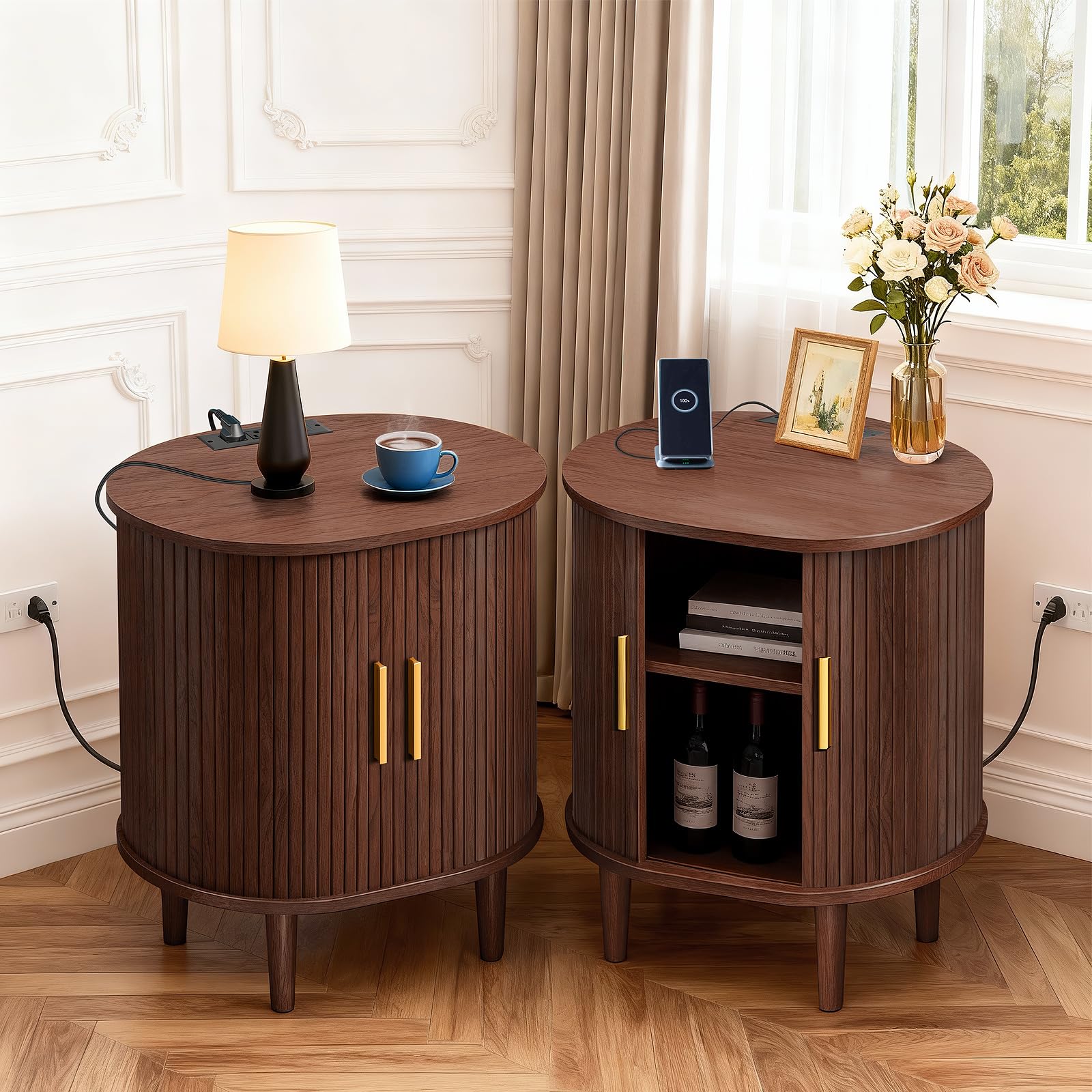 DHH Mid Century Modern Nightstand Set of 2 with Charging Station and Sliding Door