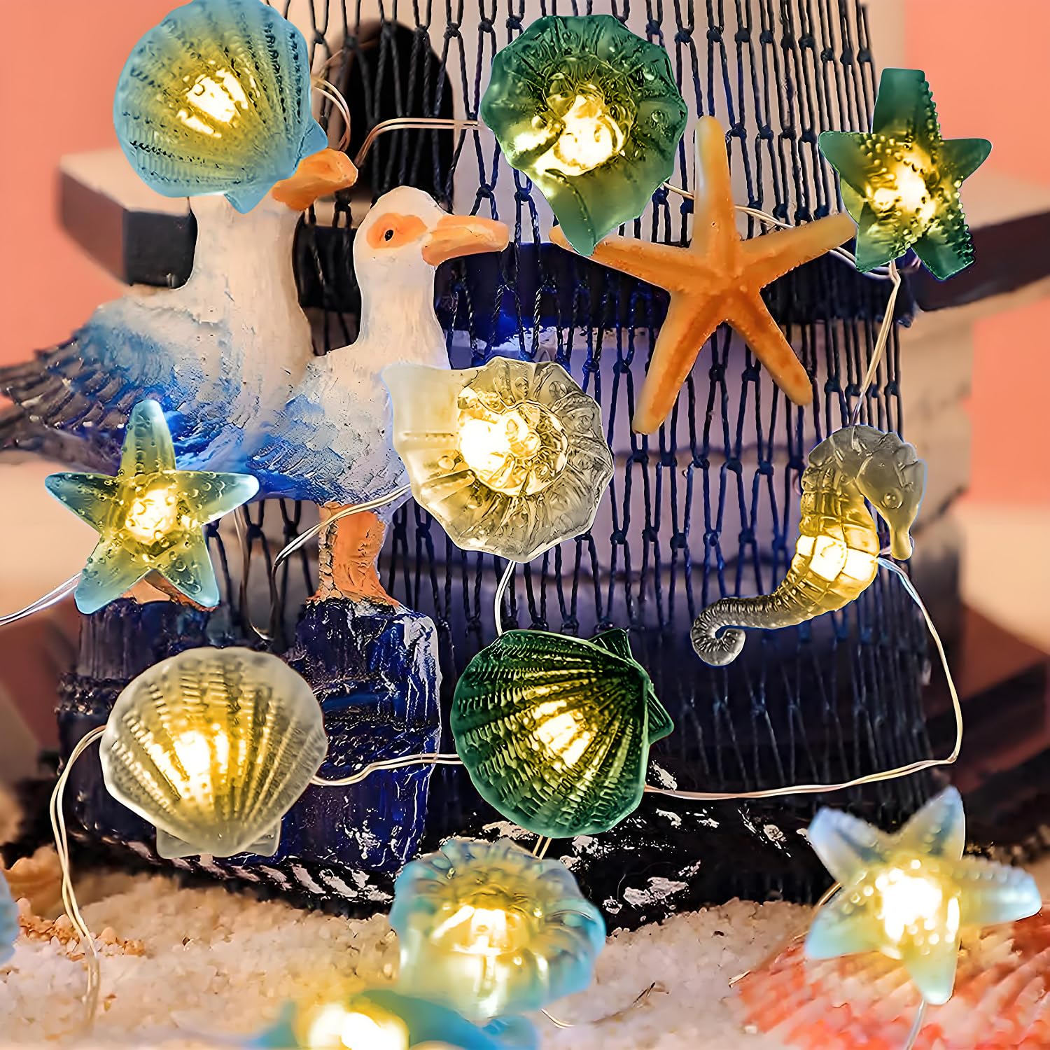 YATOSEEN LED Marine Life Theme Light String, 2M 20LED Super Fun Seahorse Starfish Conch Seashell String Lights with Remote Control, Battery or USB Powered Lights for Outdoor Indoor Children Decoration