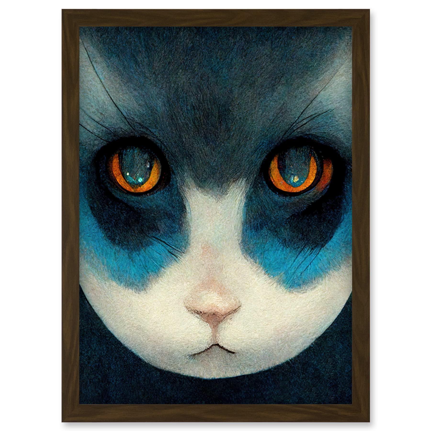 Doppelganger33 LTD Nihonga Style Japanese Cat Blue Artwork Framed Wall Art Print A4