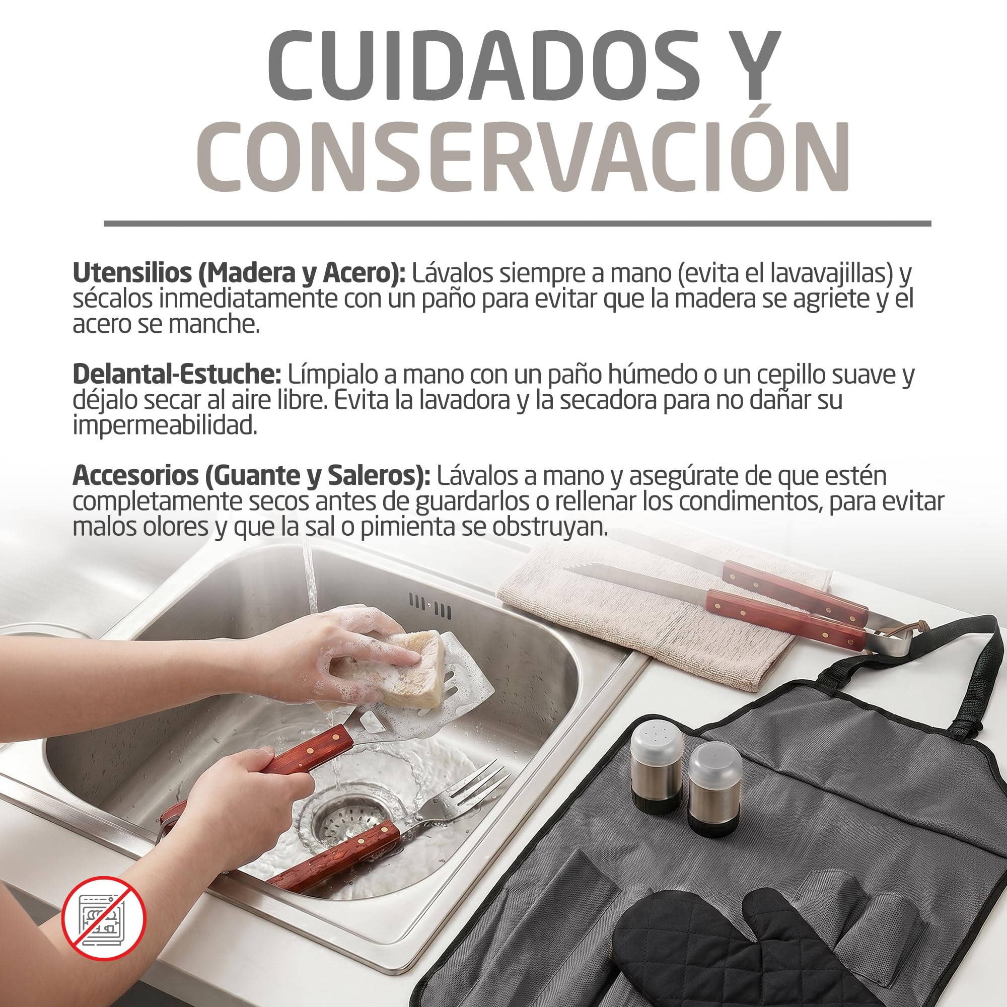 Amig - Delantal Barbacoa con 7 Accesorios - Acero Inoxidable - Set Utensilios BBQ - con Bolsillos - Accesorios Prácticos y Presentación Cuidada para Regalo - Mod. AM17