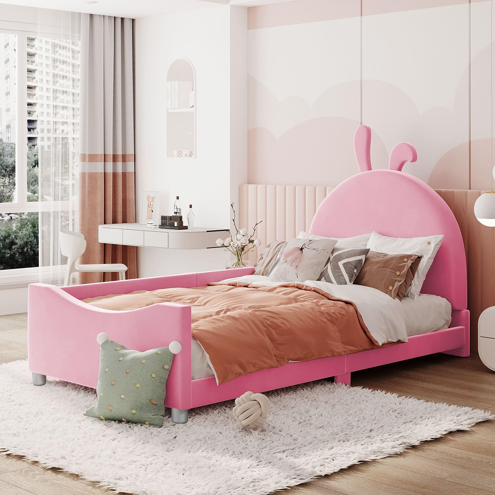 Cama infantil tapizada de 90 x 200 cm con cabecero de madera con forma de conejo, tela de terciopelo, cama individual con somieres para niños y niñas, piel sintética, color rosa