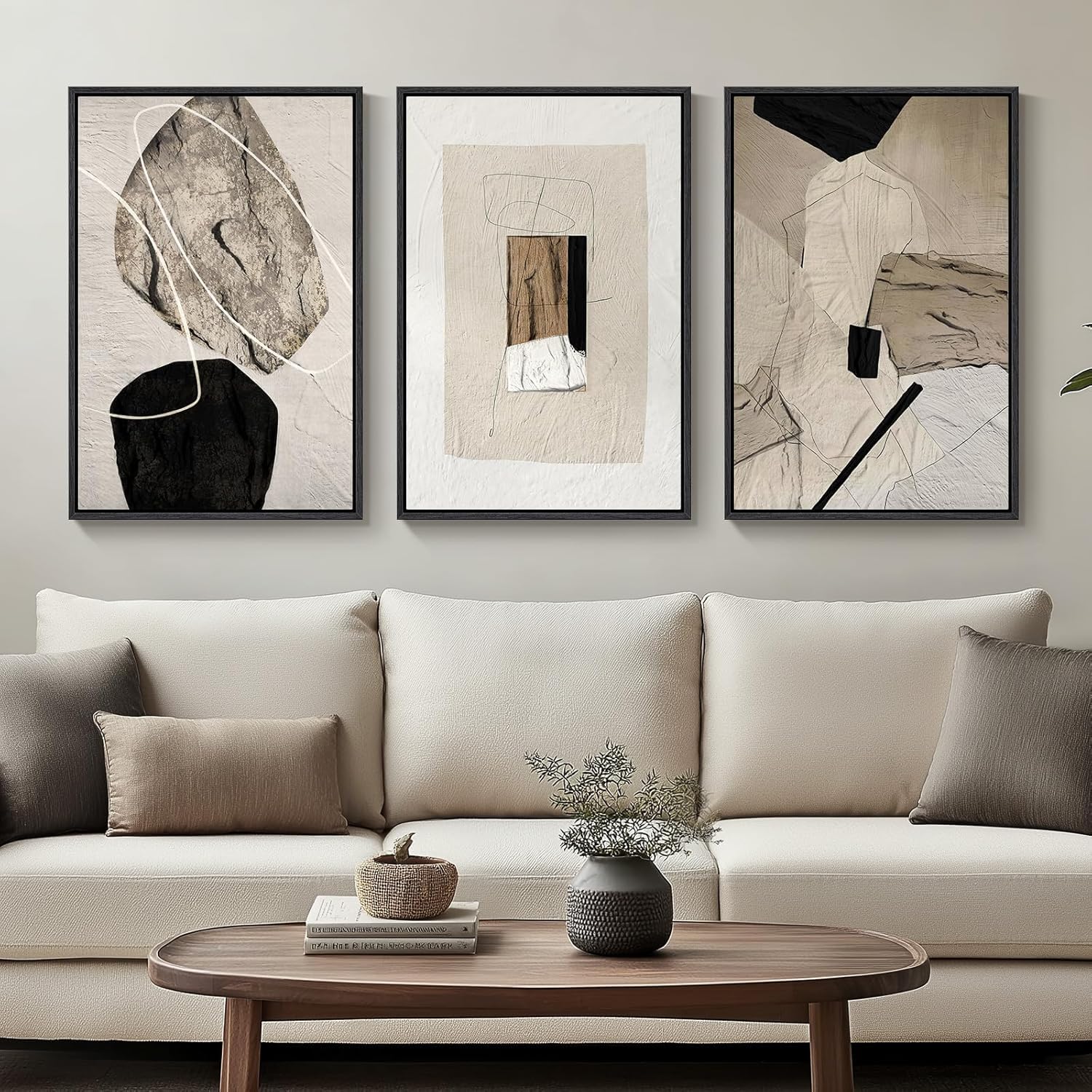 lianyibo Neutral Abstract Wall Art, Modern Canvas Prints Paintings Minimalist Black and Beige Pictures for Living Room Decor(60x80cmx3/Frameless)