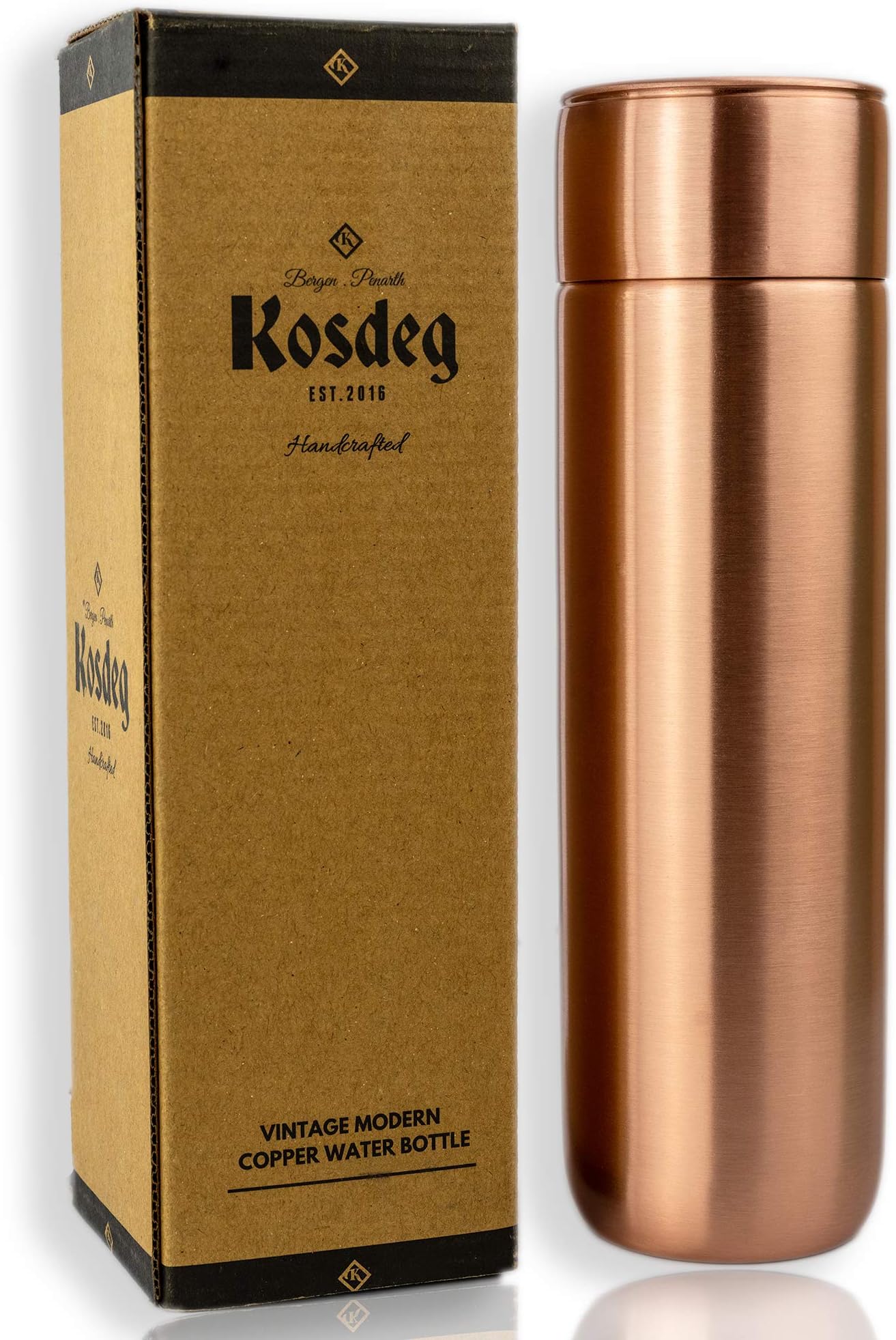 Kosdeg Copper Water Bottle - 16oz Vintage Modern Design - An Ayurvedic Copper Vessel For Drinking - Drink More Water, Lower Your Sugar Intake And Enjoy The Health Benefits