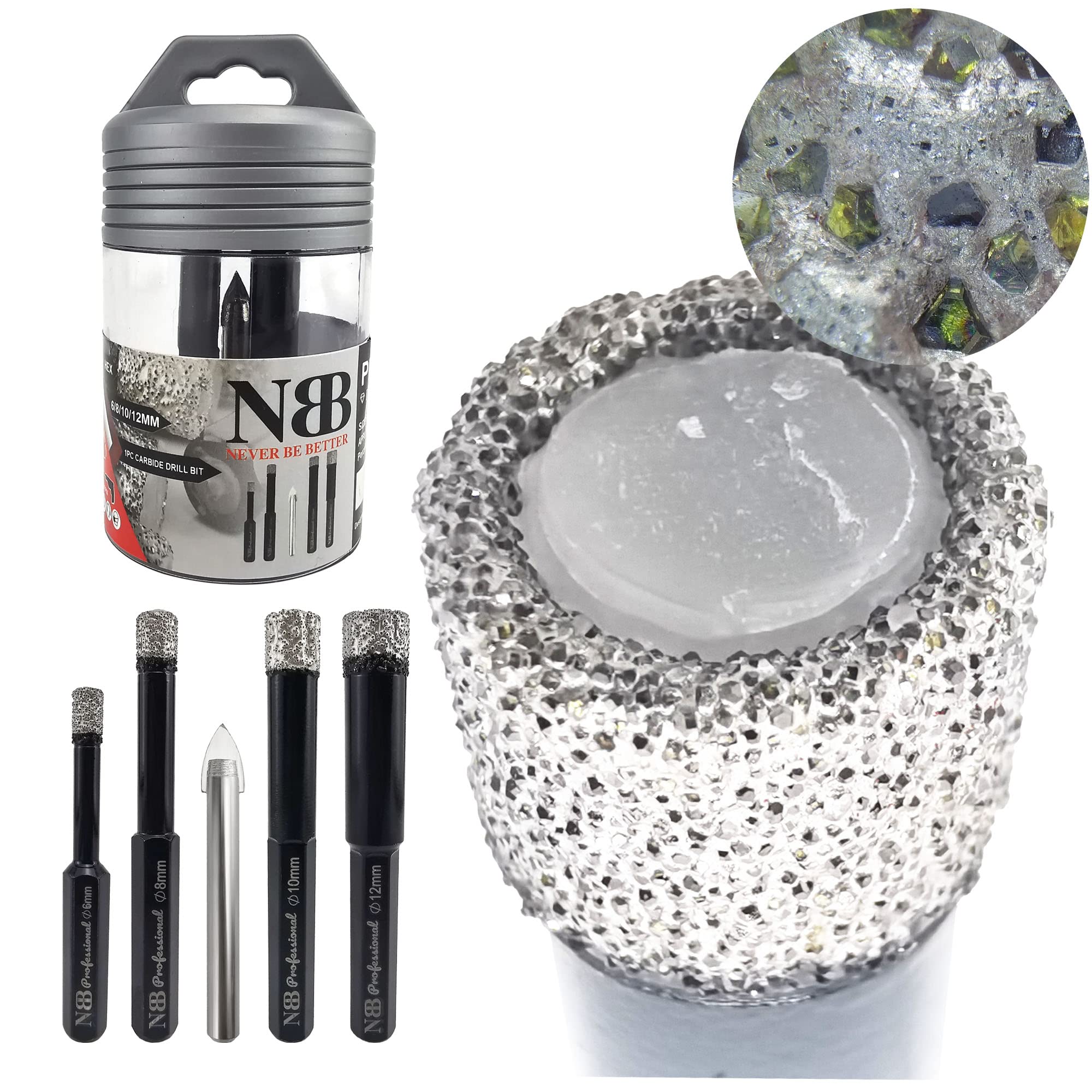 NBB Wiertło diamentowe z sześciokątnym trzpieniem do wiercenia na sucho w twardej porcelanie, ceramice, płytkach, granicie, lepiej na mokro, do wiertarki przewodowej lub bezprzewodowej (4, 6/8/10/12 mm)