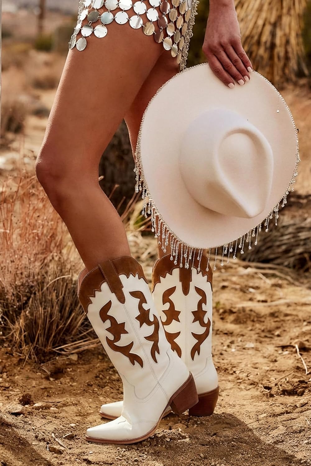 Cowboy Boots for Women Wide Calf Cowgirl Boots White Patchwork Mid Calf Western Boots with Pointed Toe Pull On