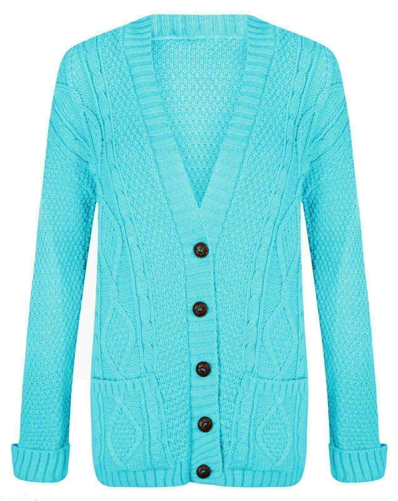 WearAll Womens Cable Knitted Button Cardigan Long Sleeve Ladies Boyfriend Top - Turquoise 16-18