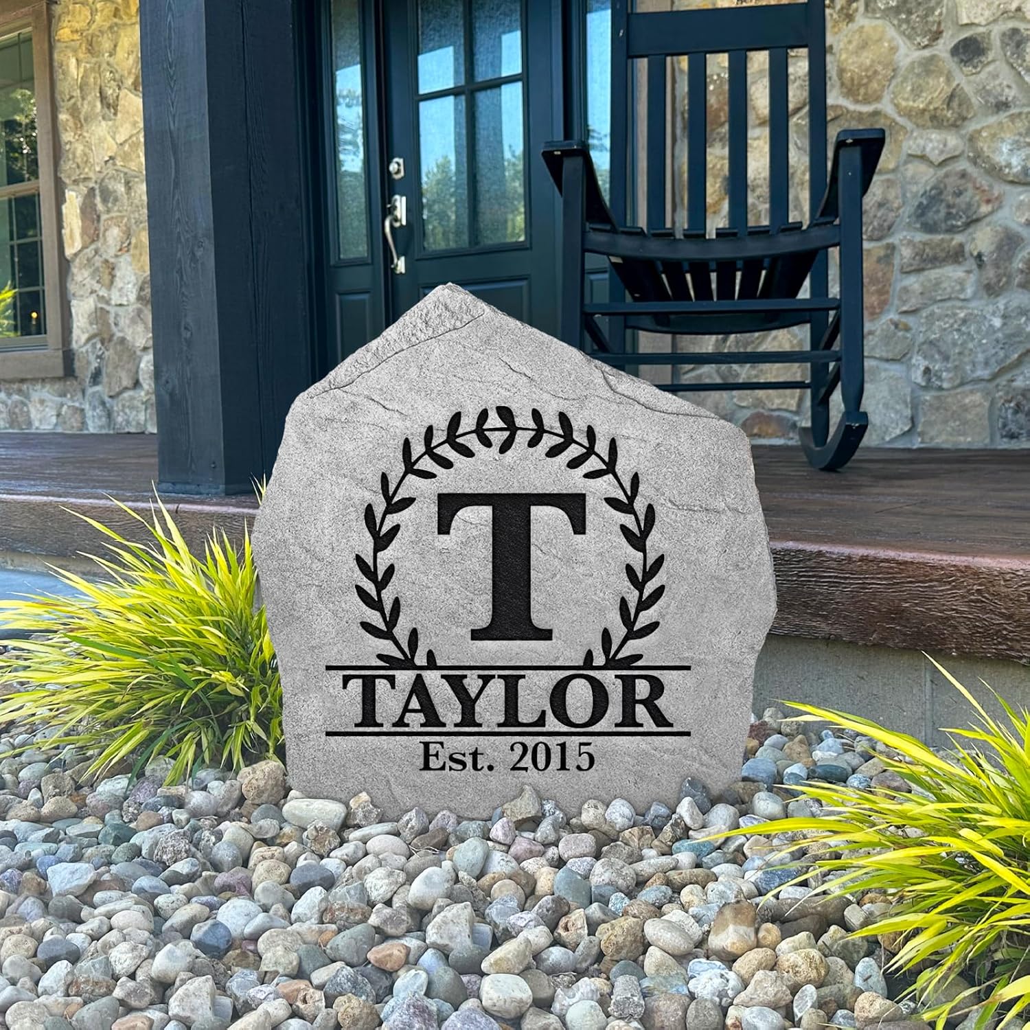Personalized Engraved Stone Monogram Name Established Date Garden Rock - Landscape Rock - Greystone Color - 15” W x 15” H