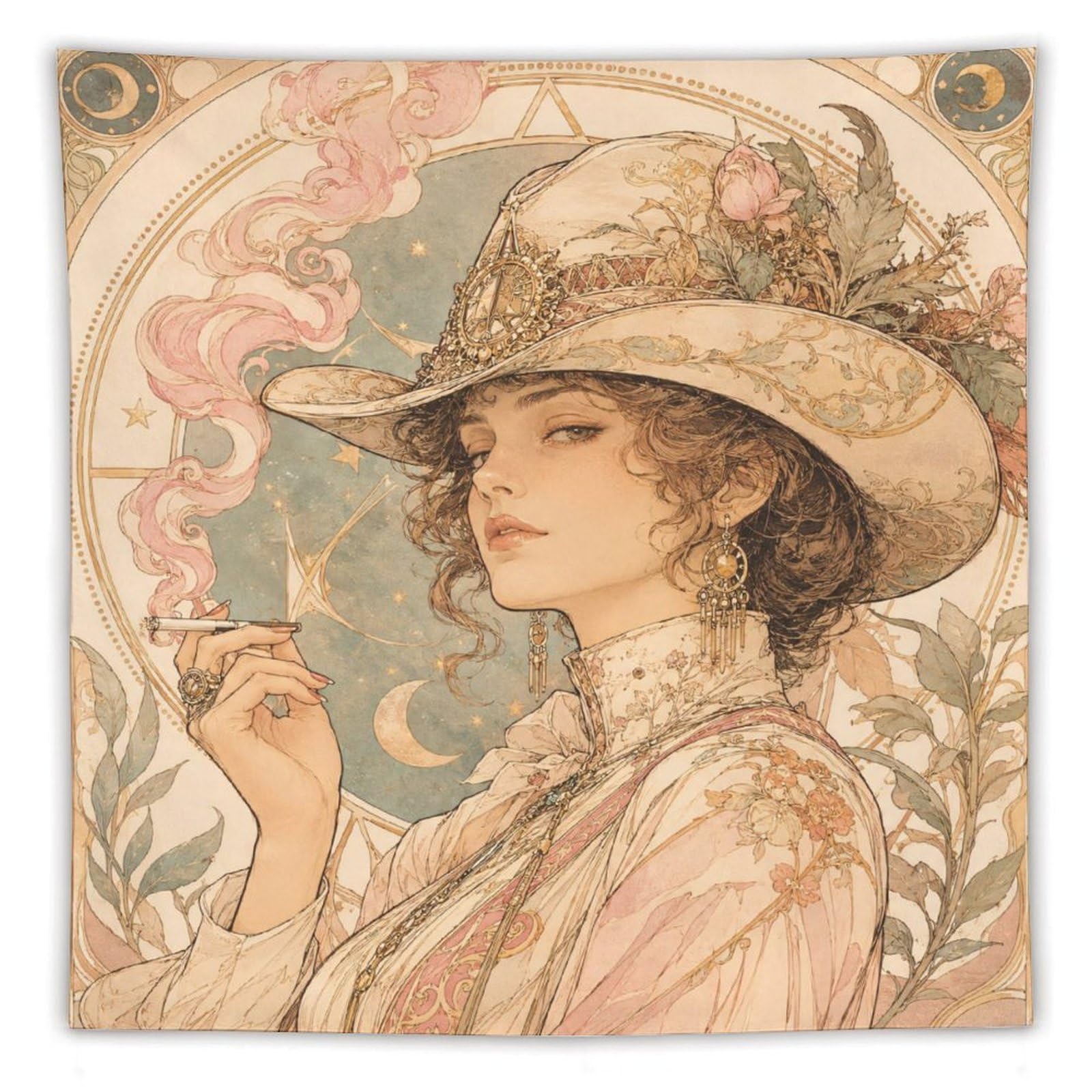 W7C8U2X3 Cowgirl with UFO Hat Wall Tapestry, Art Nouveau Style, Apartment