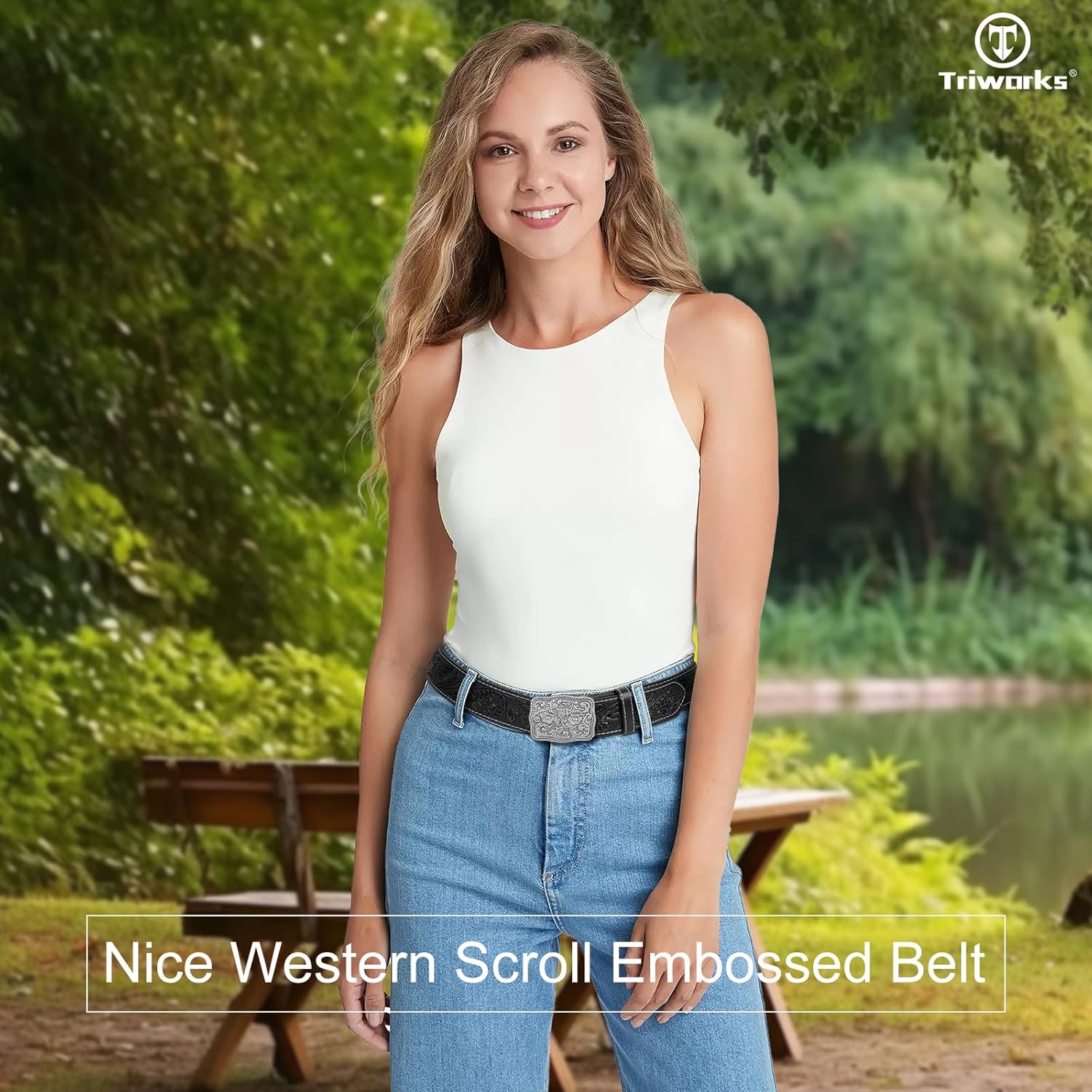 TRIWORKS Western Belts for Women Men Cowgirl Cowboy Embossed Engraved Tooled Leather Belt with Buckle for Jeans Pants Rodeo - Image 9