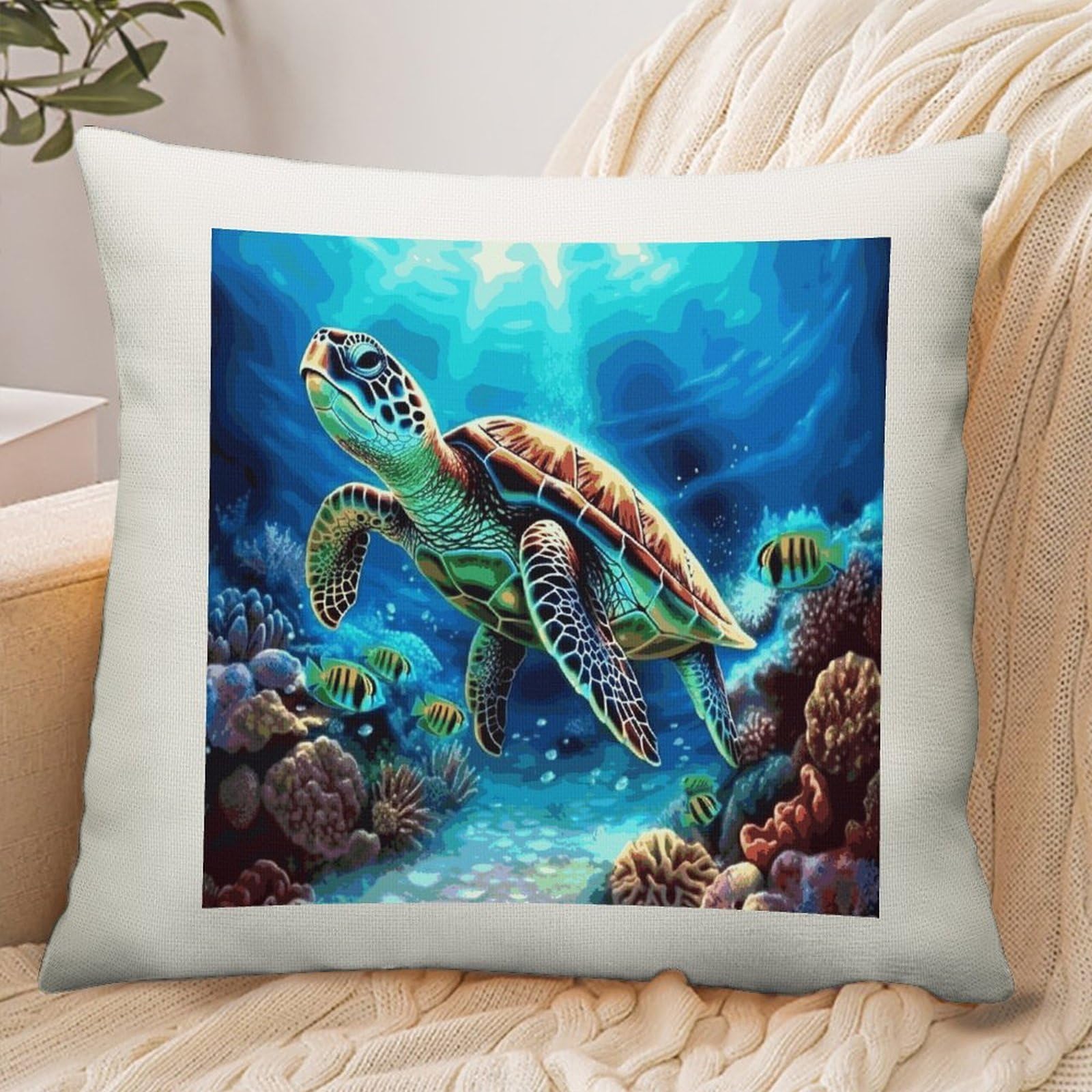 Adfgyerh Style Sea Turtles Diamond Painting Pillow Cover Breathable,Pillowcases Boho Decorative Envelope Closure,Throw Pillow Covers For Beach,Patio,Balcony,Couch Living Room 18 * 18In