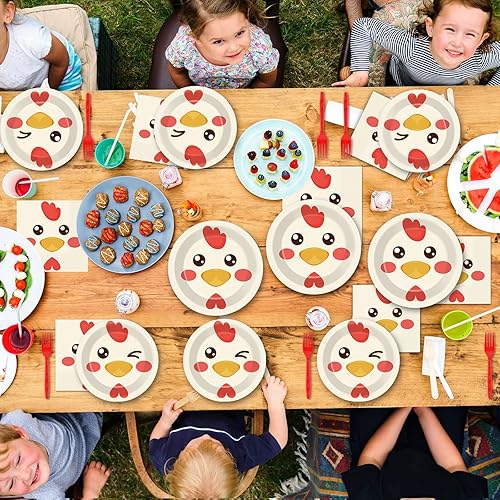 Miniatura 7 de gisgfim 96 piezas de suministros de fiesta de cumpleaños de pollo, platos de papel, servilletas de fiesta temática de pollo, decoraciones