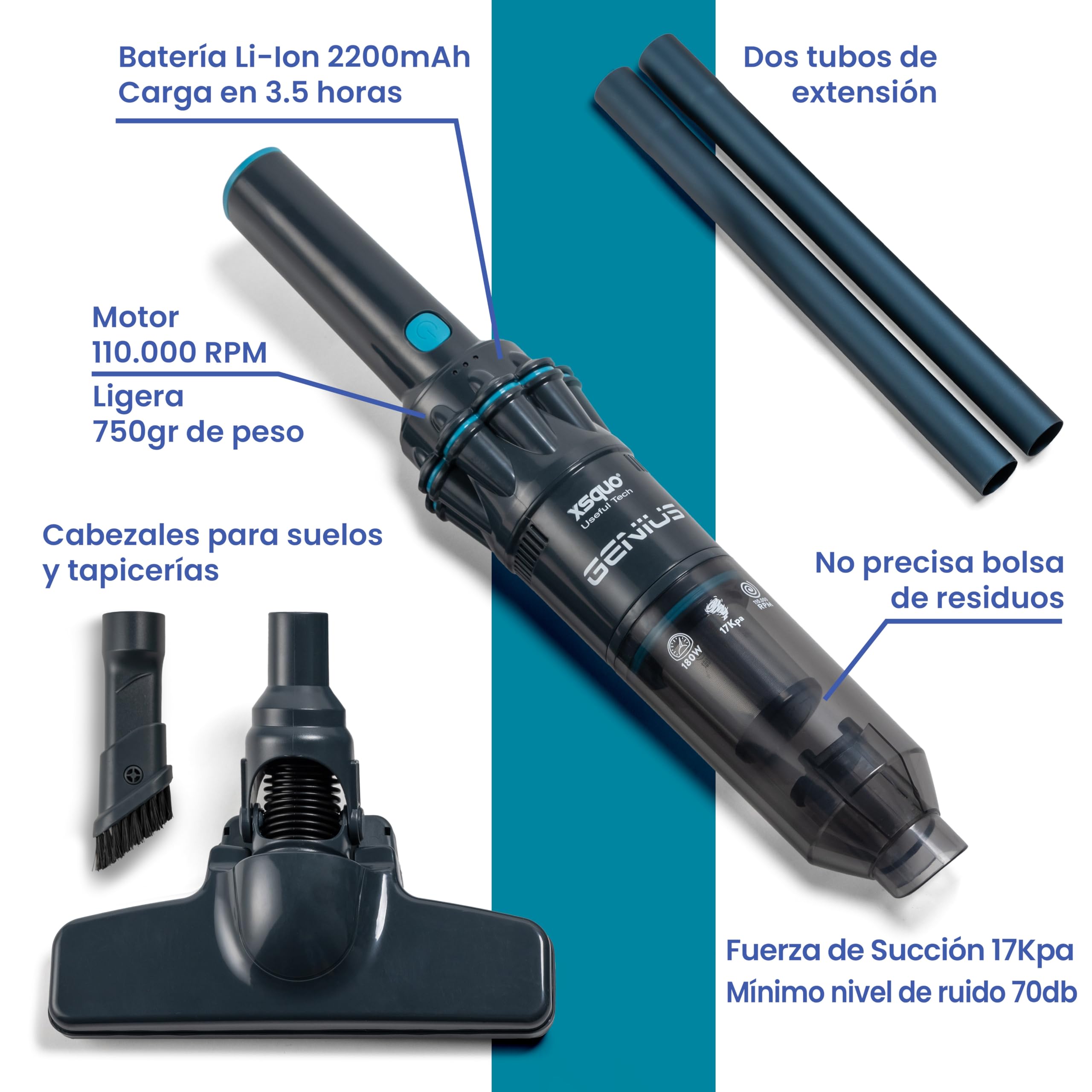 Aspiradora sin Cable Potente Ligera 2en1 de Mano y Vertical Portatil Inhalambrica para Casa Coche Tapiceria con Filtro Lavable con Motor Alta Velocidad Limpieza Facil Rapida Succion Eficiente