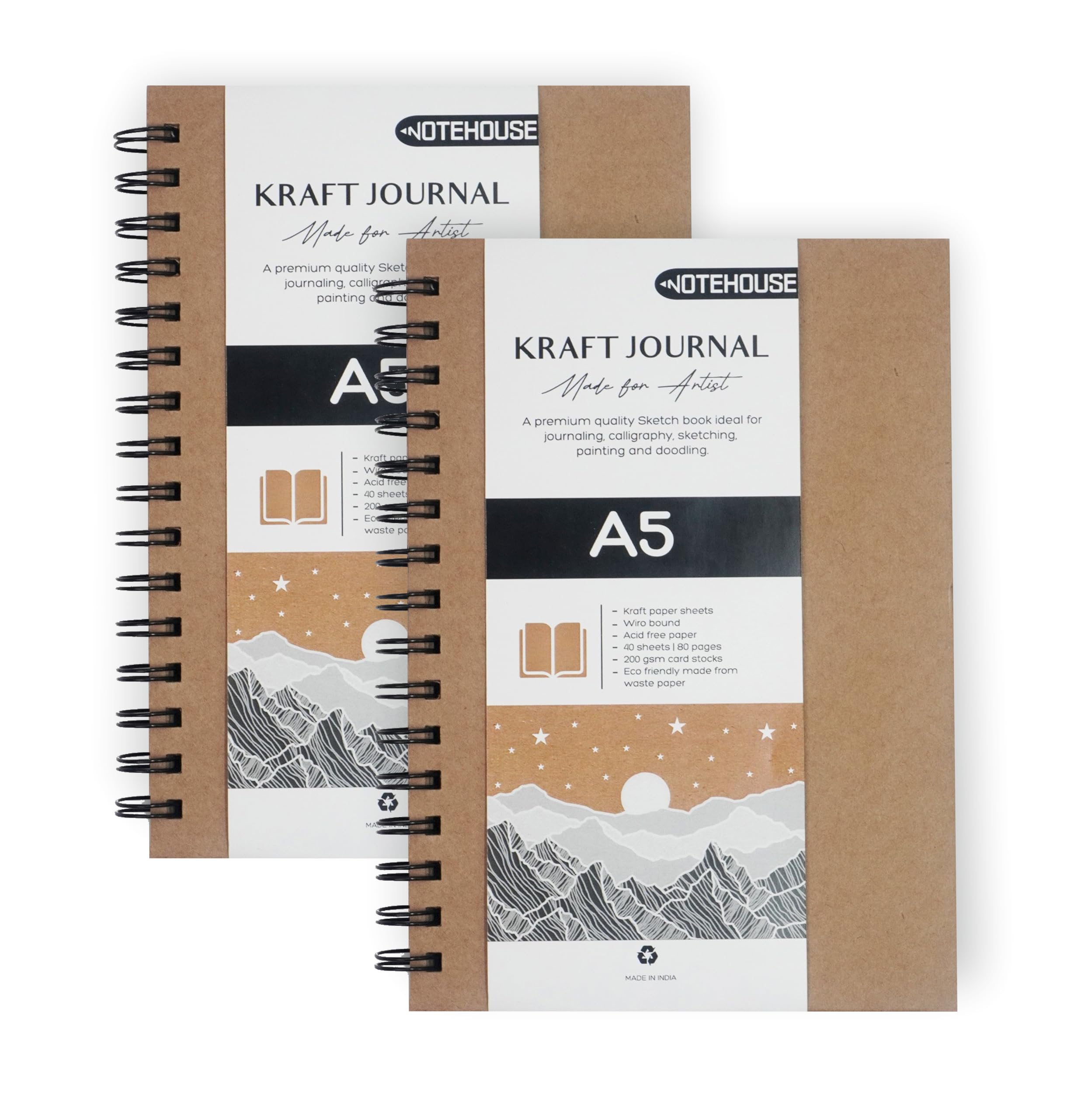 NOTEHOUSE A5 Sketchbook Pack of 2, 200 GSM, 80 Pages Spiral-Bound Kraft Sheets Drawing Notebook, Thick & Smooth Professional-Grade Premium Acid- Free Unruled Artbook for Artist Painting (29.7x21cm)