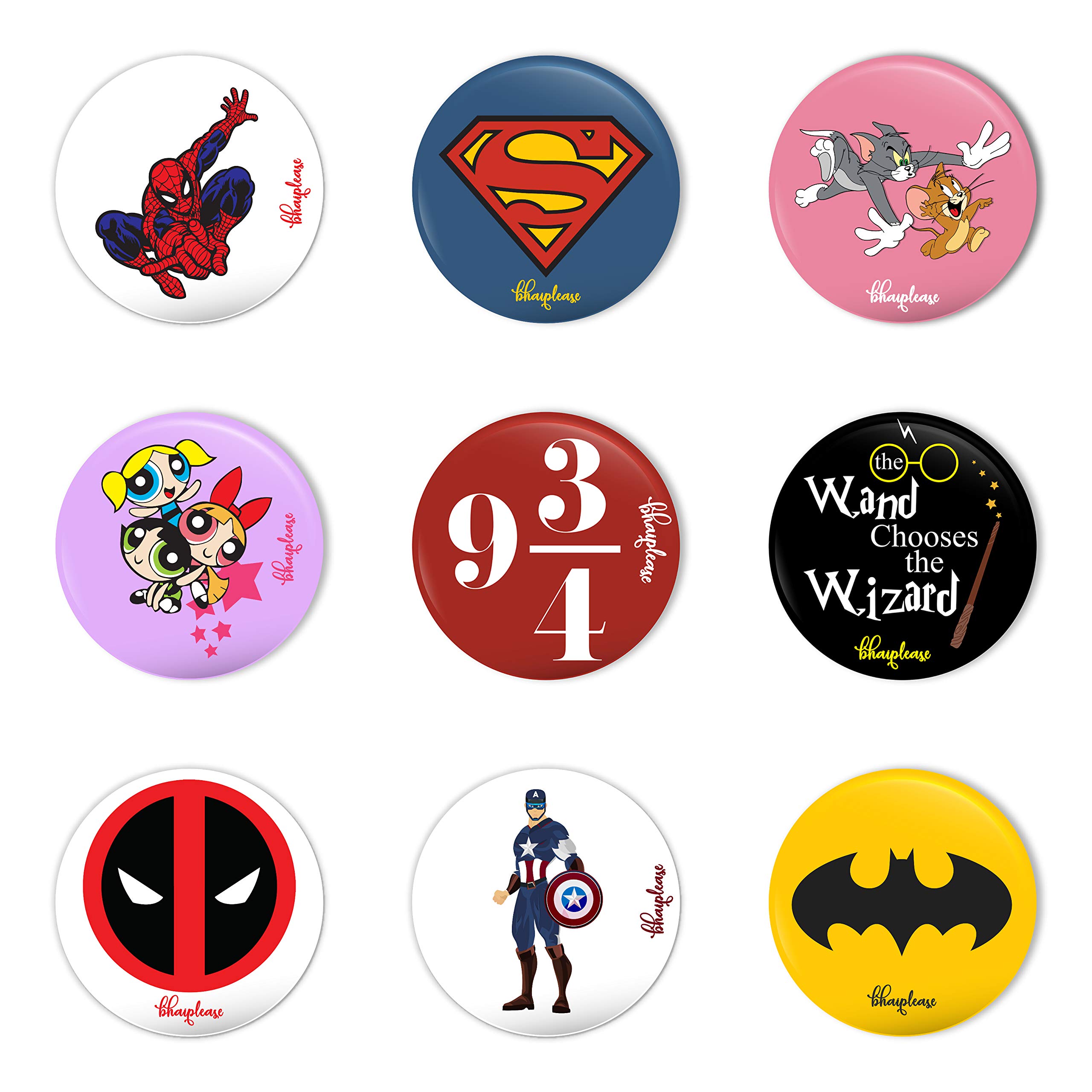 Bhai Please Pin Badge Batman, Deadpool, Superman, Spiderman, Tom And Jerry, Powerpuff Girl, Harry Potter And Captain America- Multi Color (Pack Of 9)