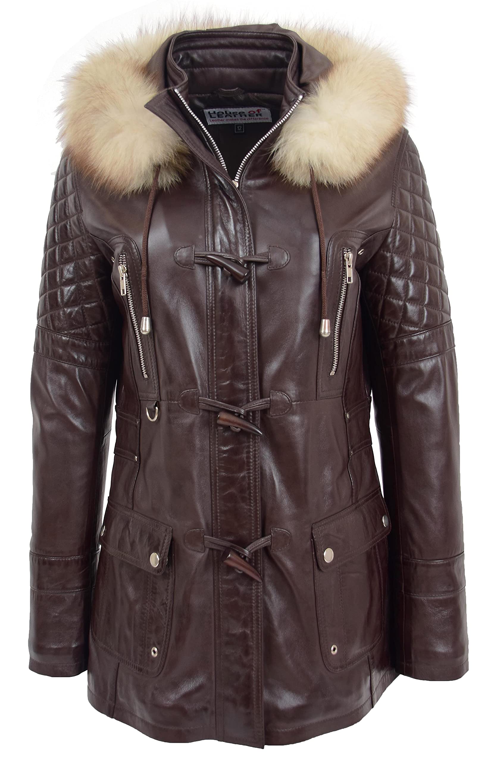 Womens Real Leather Duffle Coat Detachable Hoodie Parka Ariel (18, Brown)