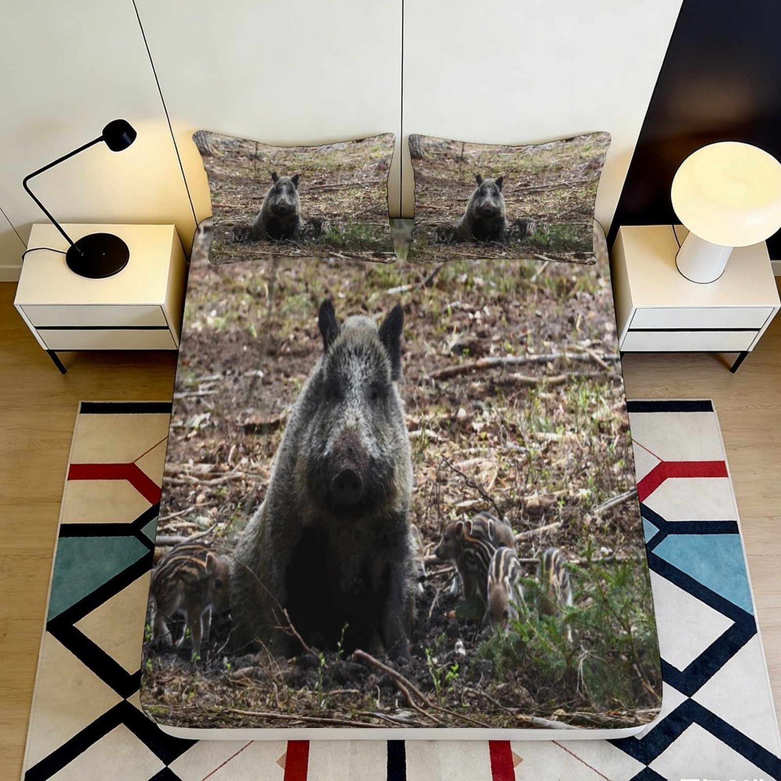 3D Printed Wild Boar Fitted Sheet Microfiber Durable Soft 3D Printed Forest Mattress Cover for Bedroom Dormitory Guest Room Bed Protection 140x200x25cm