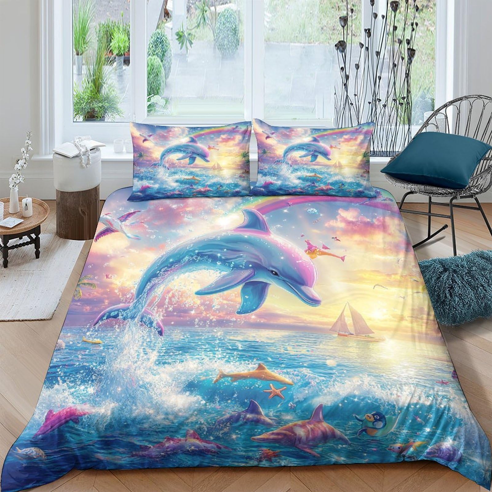 Ctjqhvkz Style-2 3D Printed Ocean Dolphin Fitted Sheet Microfiber Soft Breathable Sunset Sea Mattress Cover Bedroom Decor Single（135X200cm）