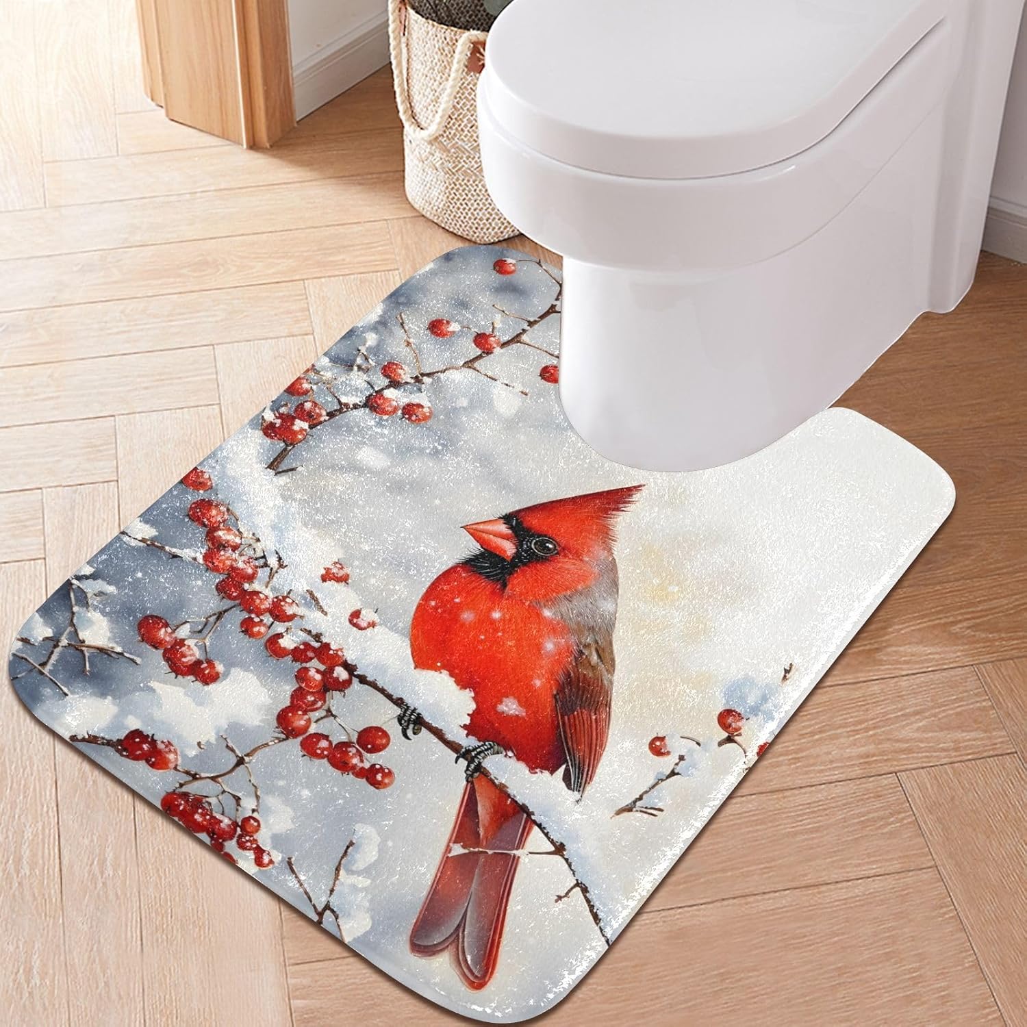 Christmas Bathroom Rugs Sets 2 Piece Beautiful Red Cardinal Quick Dry Soft Plush Anti-Slip Absorbent Includes Rectangular (16"x24") and U-Shaped Toilet Mat (20"x24")