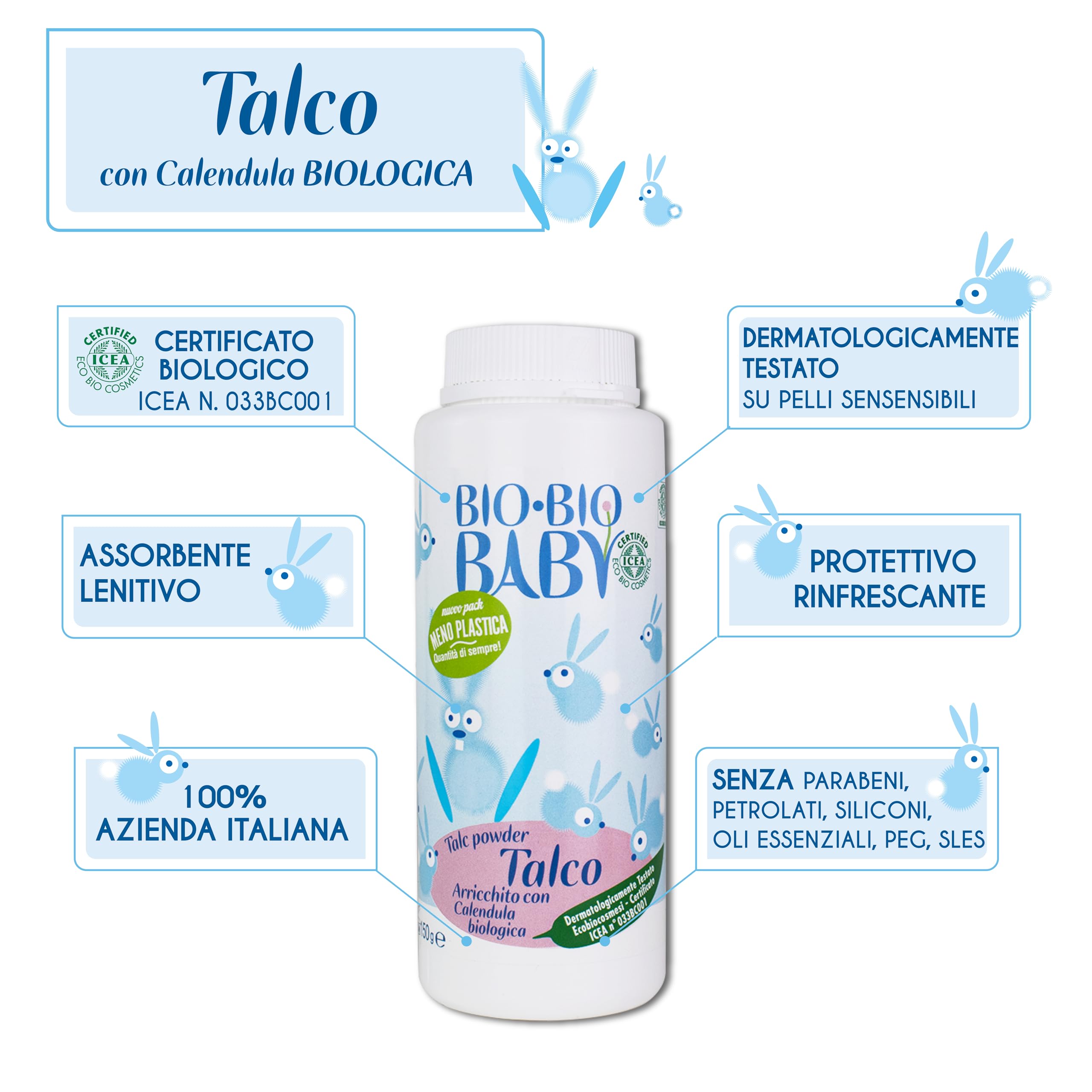Pilogen Carezza - Bio Baby, Talco alla Calendula 100% Biologico, per Neonati e Bambini, Rinfrescante, Assorbente e Lenitivo, Ideale per la Pelle Sensibile, Formulazione in Polvere, 150 gr
