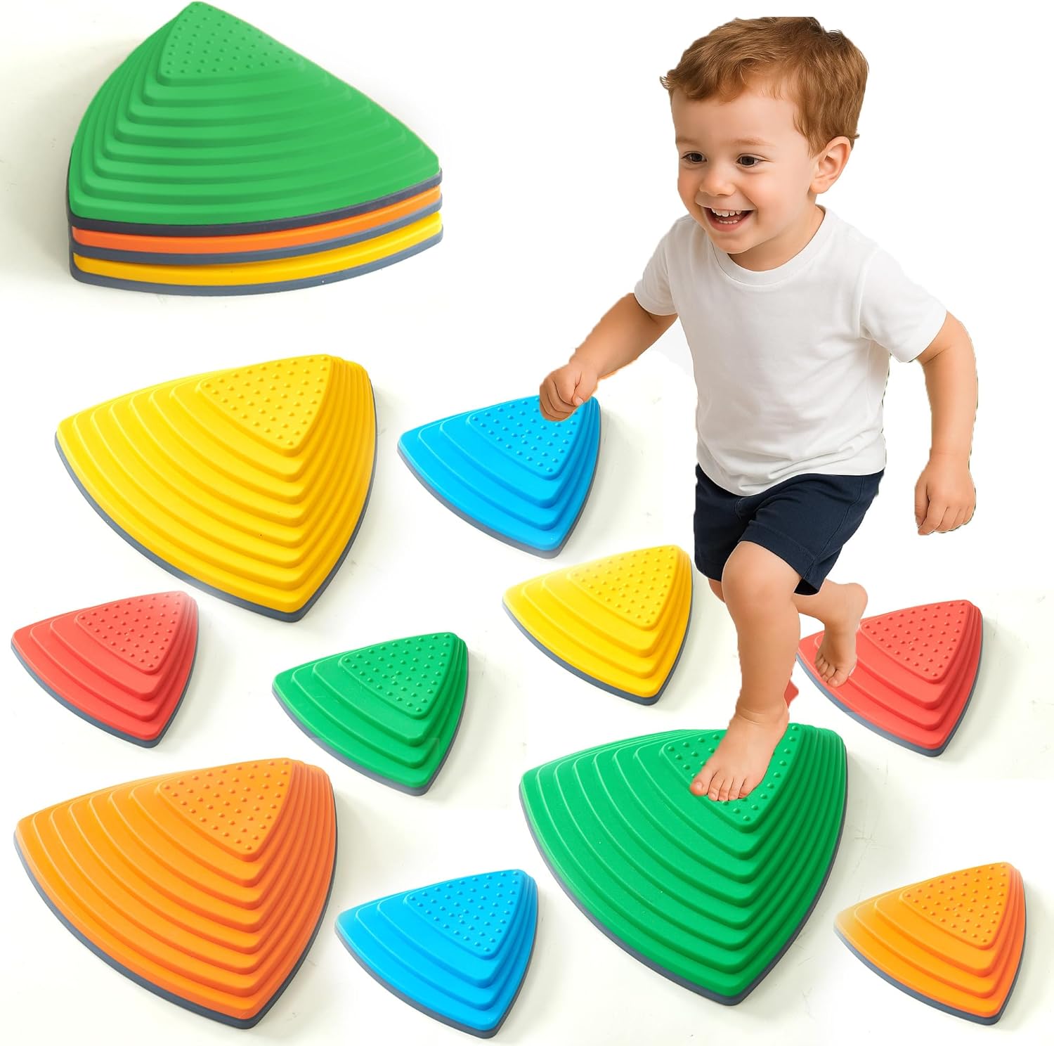 Triangular Stepping Stones for Kids – Classic Color Balance Toy for Toddlers (Pack of 10) | Non-Slip Indoor Obstacle Course Set | Coordination & Gross Motor Play for Ages 3+