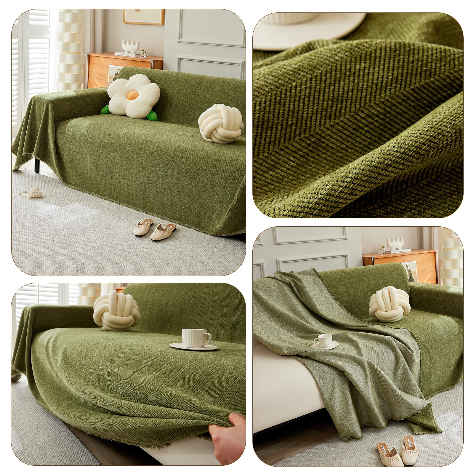 Manta Sofa Chenilla,Plaid Cama- Ultra Suave con Textura Espina de Pescado, Transpirable 4 Estaciones, Moderna y Confortable para Cama, Silla 230 * 180cm-Matcha Verde