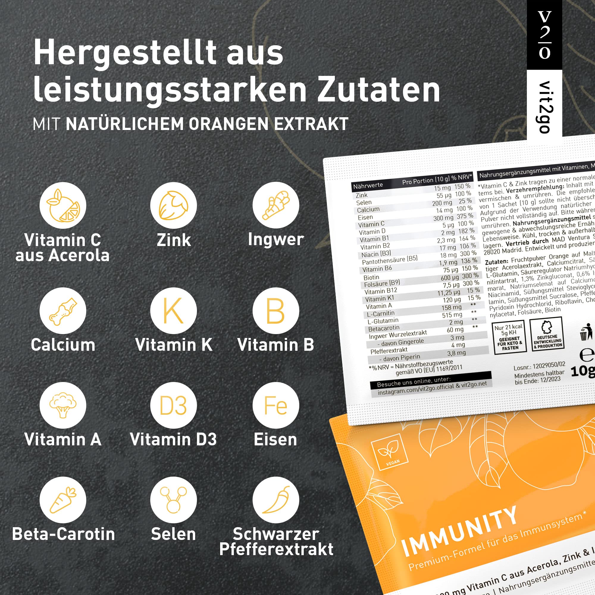 IMMUNITY (30 Sachets) Drink Pulver, zur Unterstützung des Immunsystem, Vitamin C und Ingwer, Immun Kur für Erwachsene, Erkältung, Abwehrkräfte, mit Zink