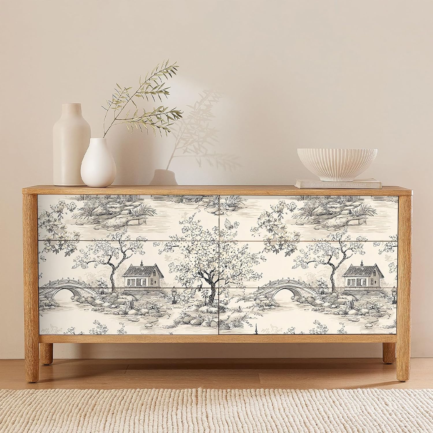 Vintage Chinoiserie Ink Landscape Garden Wallpaper Self Adhesive Peel and Stick Pagoda Arch Bridge Wall Paper Removable Waterproof Sketch for Bedroom Renter Friendly 17.71"x236.2"