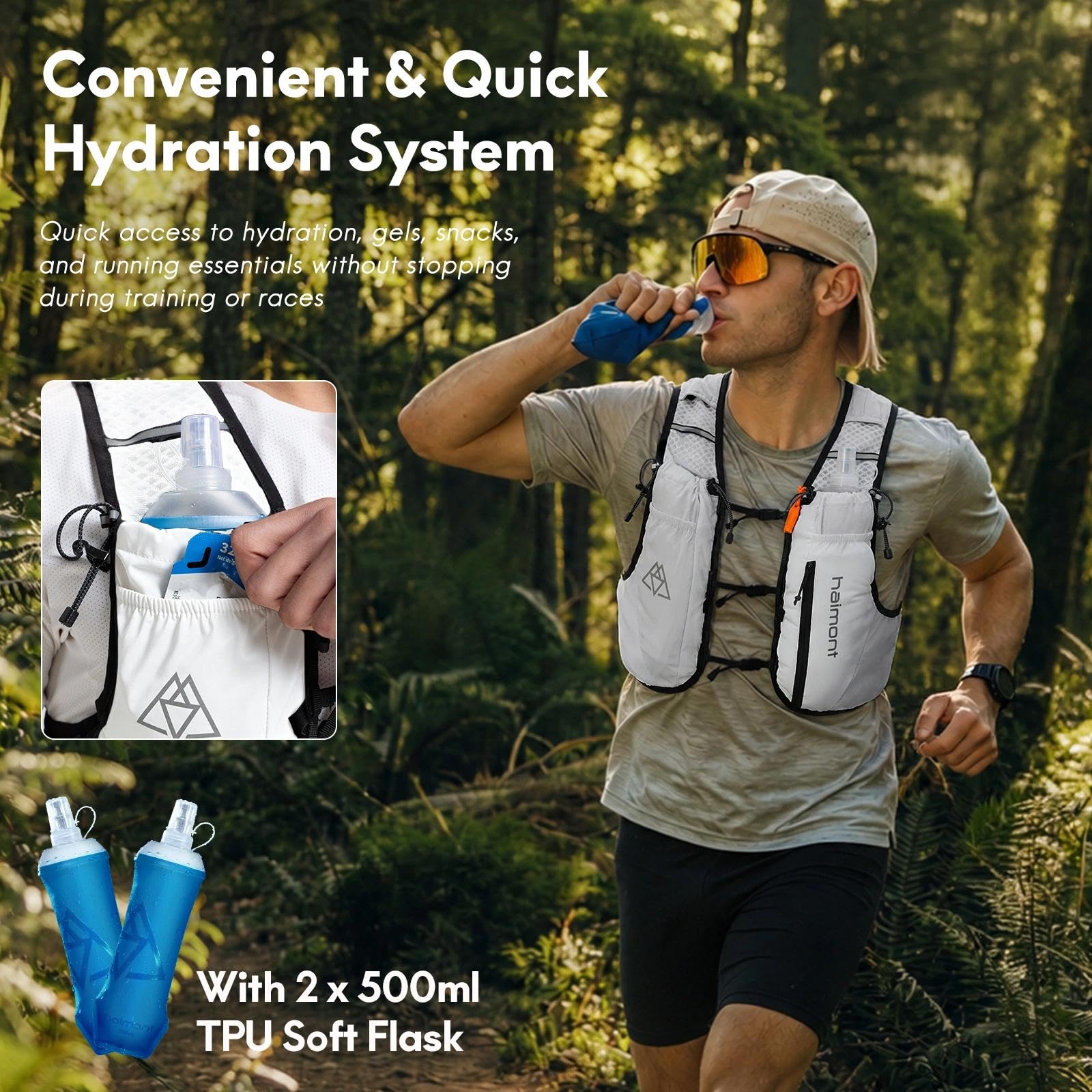 Haimont Gilet de course, d'hydratation, léger, pour homme et femme, avec 2 gourdes, pour la course, la randonnée, le jogging, le trail, 8 l