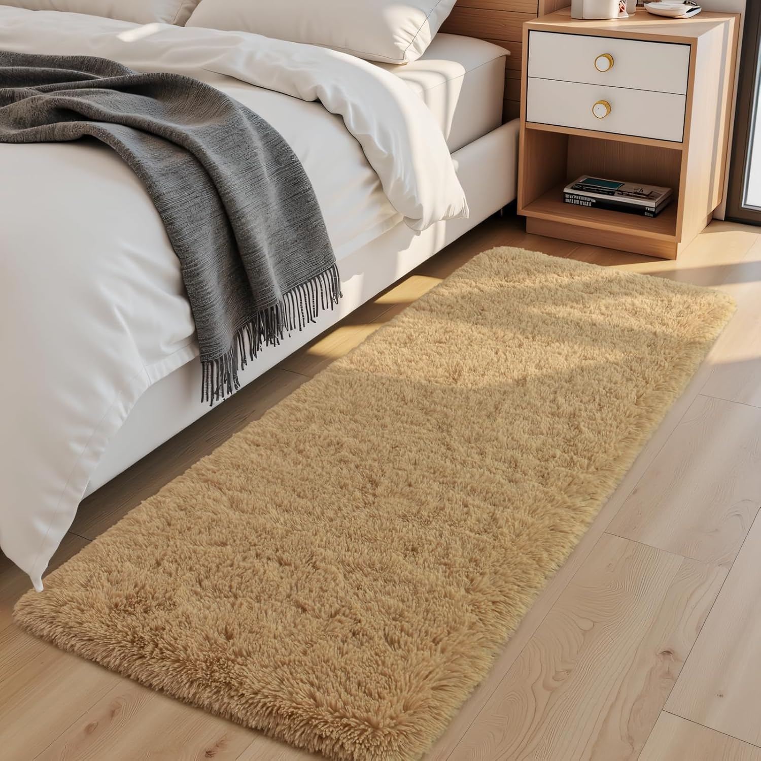 Fluffy Runner Rug, 2x6 Beige Washable Hallway Area Rugs for Bedroom Living Room Kitchen Laundry, Long Shag Rug with Non Slip Rubber Backing Fuzzy Entryway Carpet Modern Home Decor Beige 2' x 6' (Rectangular)