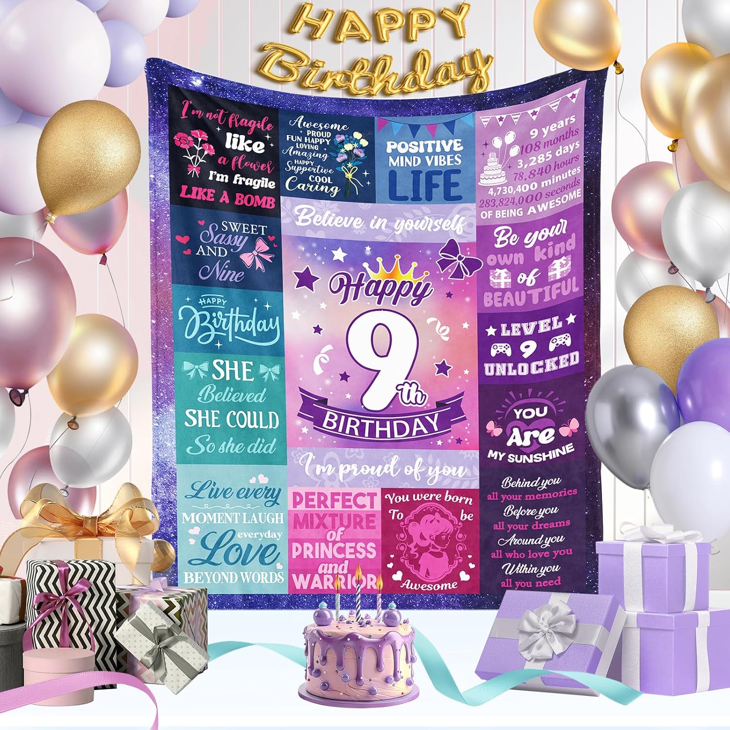 9 Year Old Girl Birthday Gifts, Gifts for 9 Year Old Girls, Happy 9th Birthday Throw Blanket 50 x 60 Inch, 9th Birthday Decorations for Girls